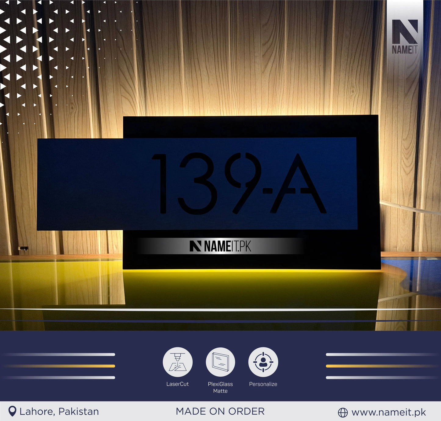 Name Plate, House Wall Plaque | Precision Laser Cut Acrylic House Number Sign | Matt Black & Silver Alucobond