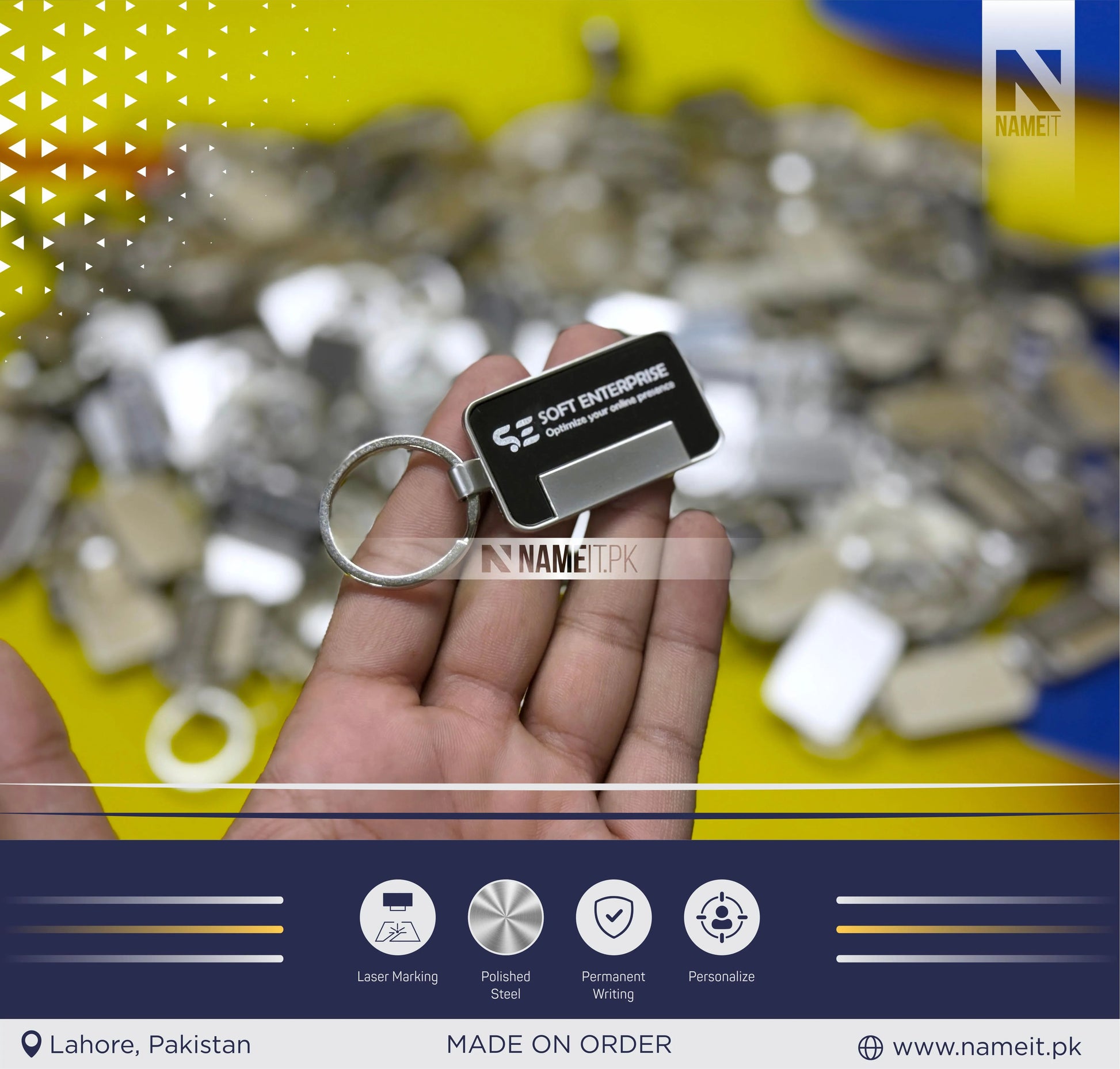 Custom Logo Keychains Engrave Metal Keyring Company Brand Merch Customer Giveaways Promotional Advertising Trade Show Business Conference NAMEIT PAKISTAN