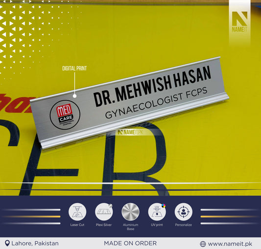 Table Name Plate, Changeable Text Plate, Desk Plaque with Uv Printed Name and Job Title, Silver Stand Modern Stylish Desk Accessories