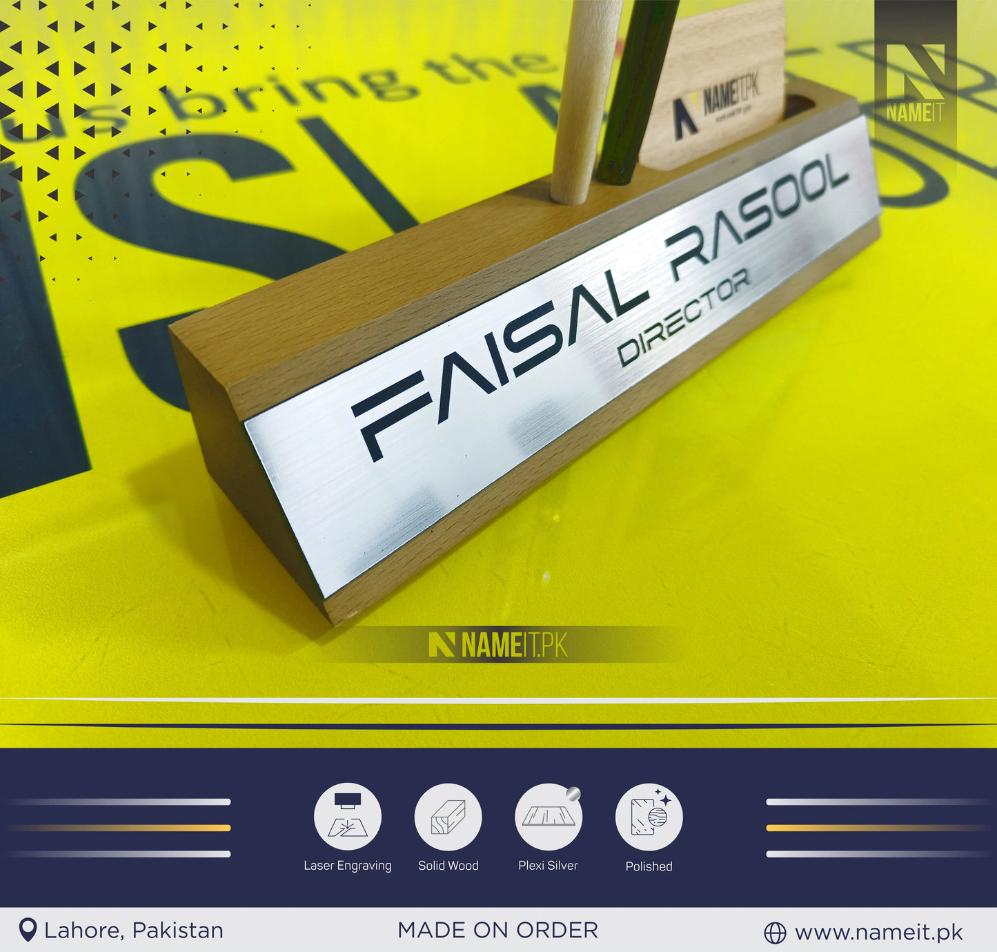 Personalized Office Desk Name Sign, Wooden Desk Name Plate, Anniversary Gift Desk Plaque, Laser Engraved Office Name Wedge, Desk Decorations, With Card,Pen Holder