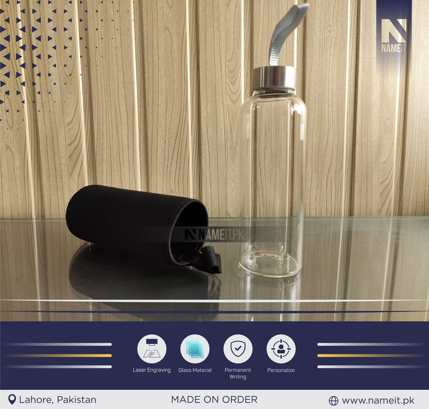 Personalized Crystal Glass Water Bottle with Sleeve Available | Custom Glass Water Bottle | Customizable to Any Design Available NAMEIT PAKISTAN