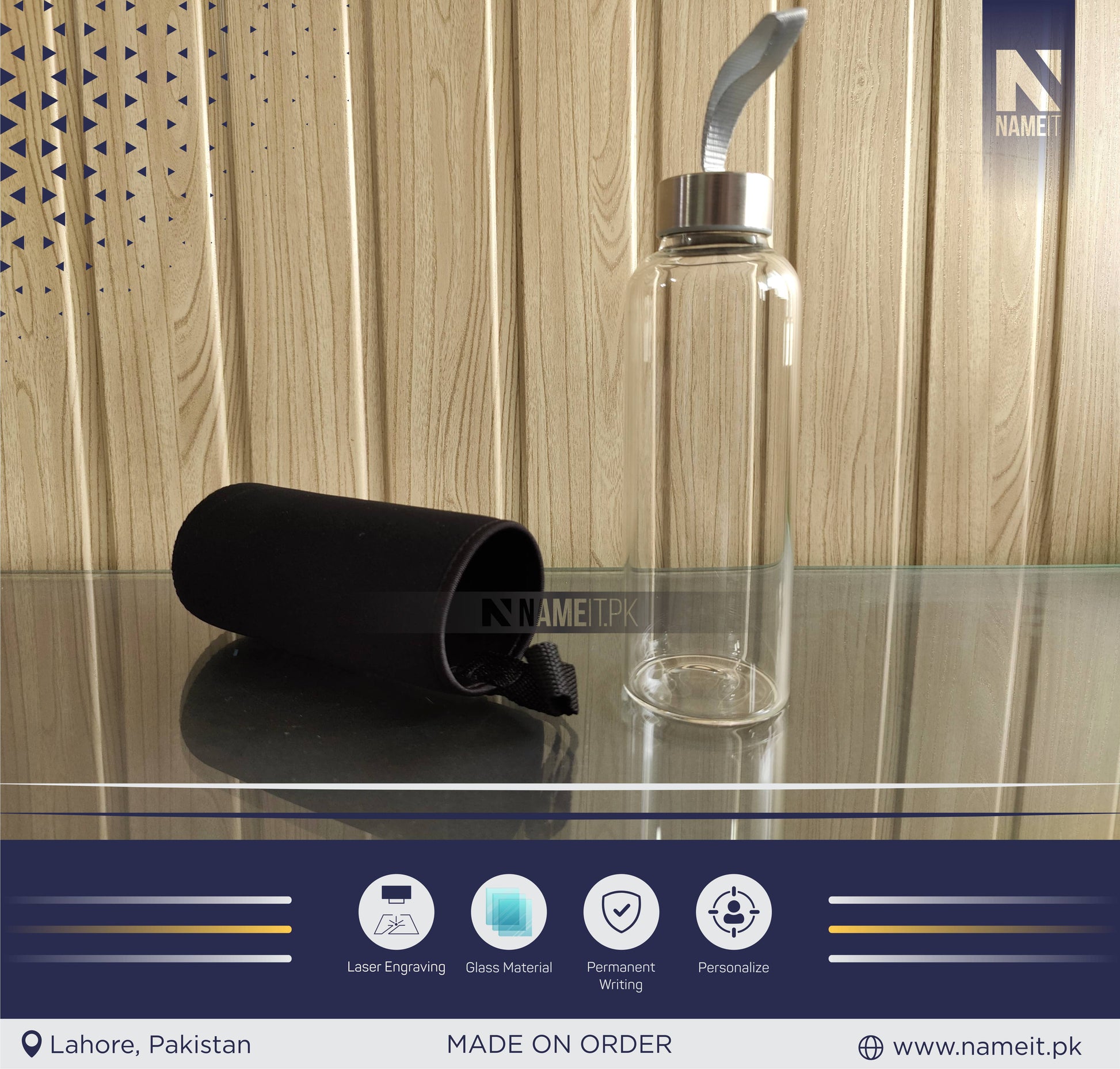 Personalized Crystal Glass Water Bottle with Sleeve Available | Custom Glass Water Bottle | Customizable to Any Design Available NAMEIT PAKISTAN