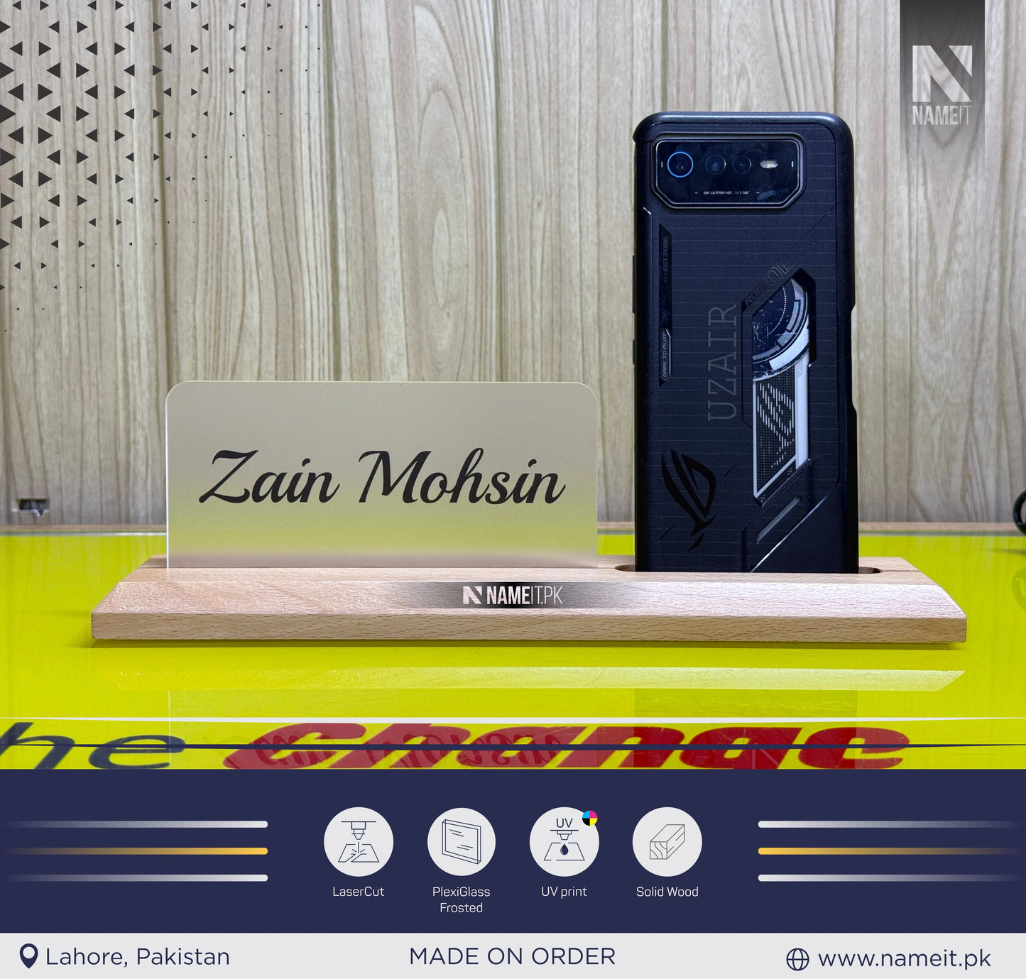Table Name Plate with Card Display & Mobile Holder – Personalized Business Card Nameplate, "Multi-Functional Desk Name Plate