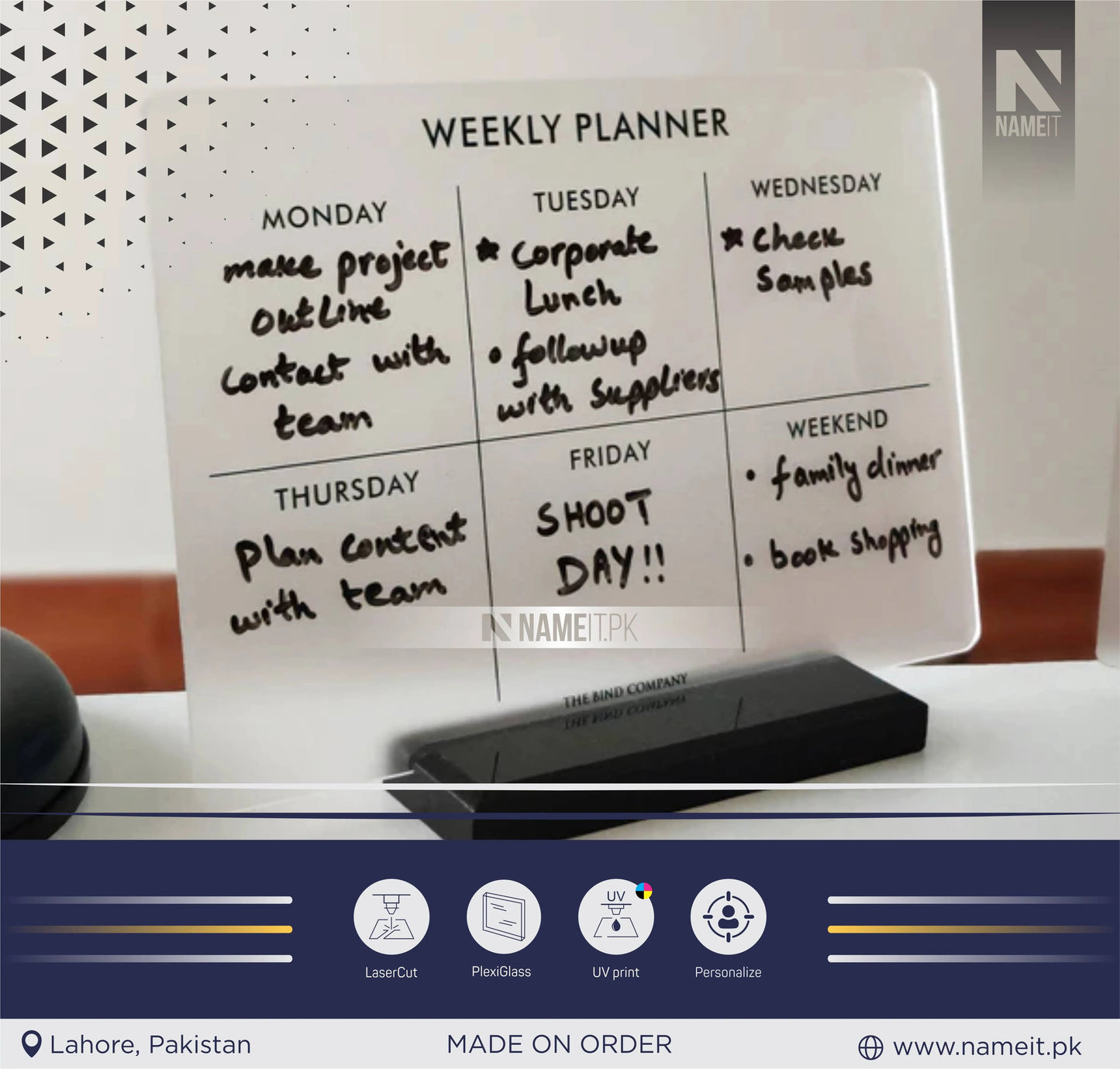 Weekly Planner Acrylic | Wipe Clean | Wall Calendar | To Do List | Menu Planner | Frosted Acrylic NAMEIT PAKISTAN