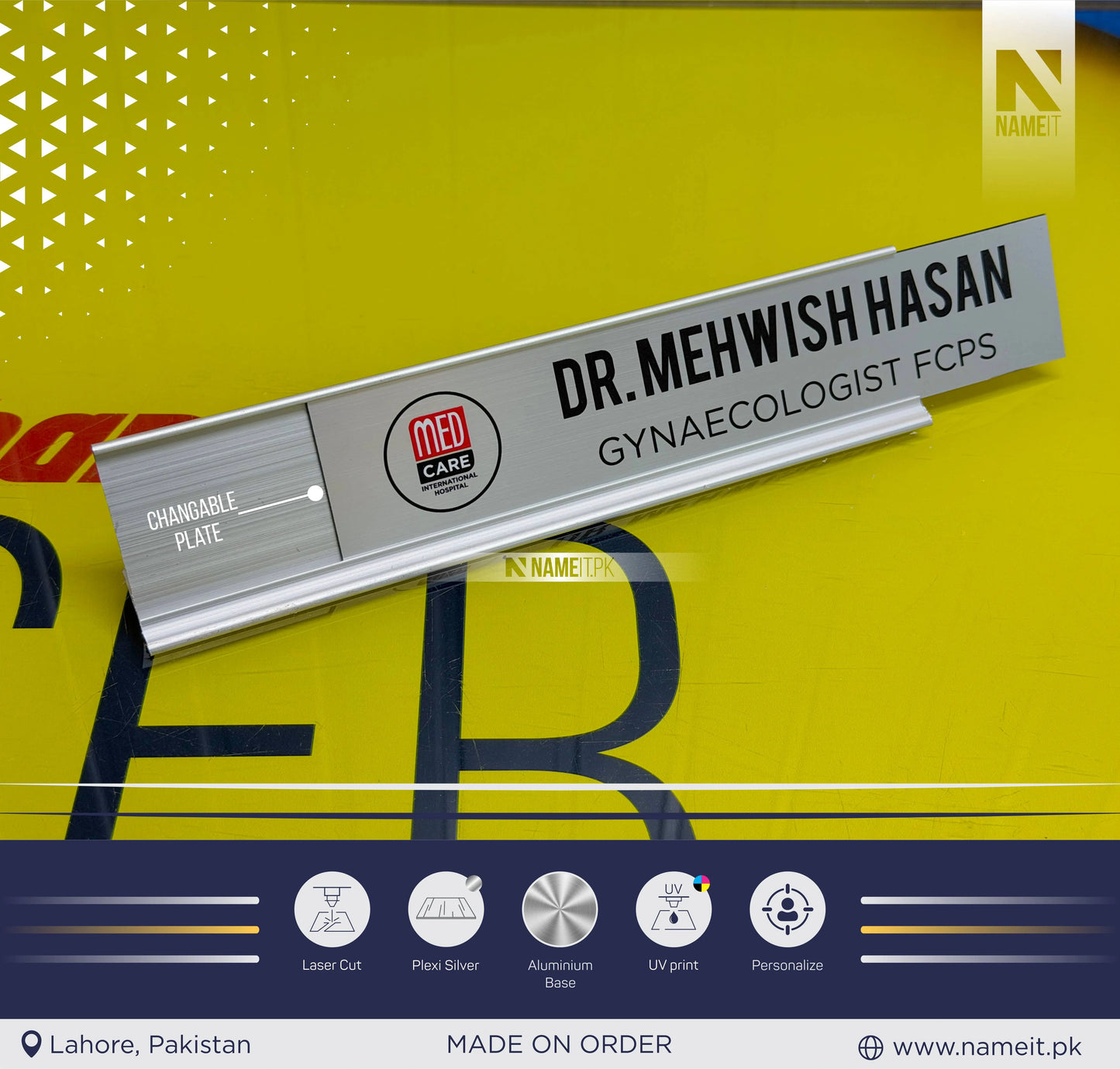 Table Name Plate, Changeable Text Plate, Desk Plaque with Uv Printed Name and Job Title, Silver Stand Modern Stylish Desk Accessories
