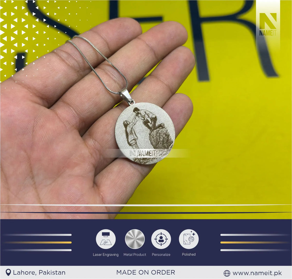 Personalized Metal Pendant Necklace | Custom Photo Engraved Pendant | Laser Engraved Portrait Necklace with Silver Chain | Unique Personalized Gift