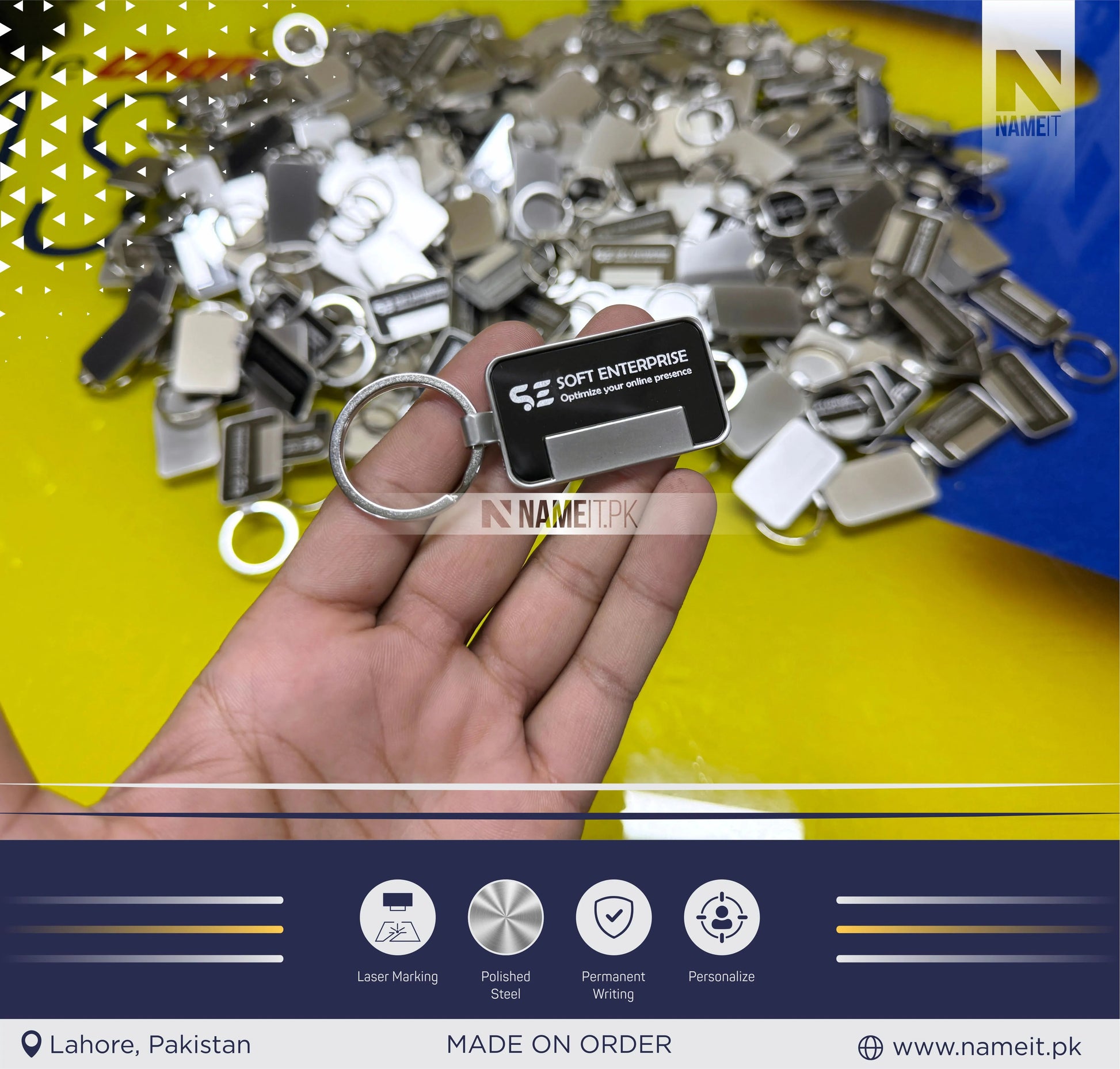 Custom Logo Keychains Engrave Metal Keyring Company Brand Merch Customer Giveaways Promotional Advertising Trade Show Business Conference NAMEIT PAKISTAN