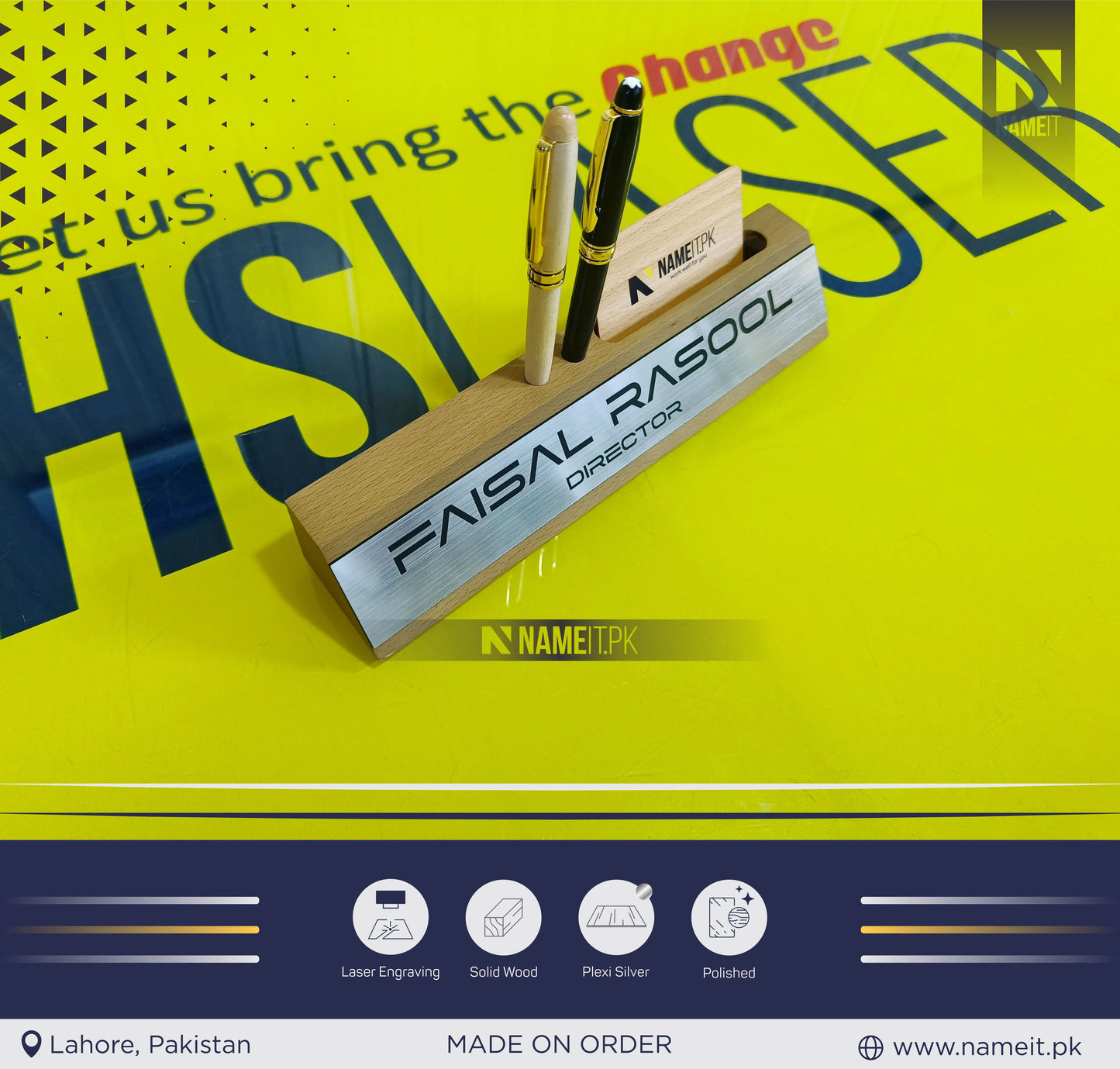 Personalized Office Desk Name Sign, Wooden Desk Name Plate, Anniversary Gift Desk Plaque, Laser Engraved Office Name Wedge, Desk Decorations, With Card,Pen Holder