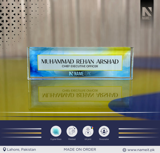 Custom Office Table Name Sign Crystal Glass, Unique Office Decor Custom Logo, Office Nameplate, Gift for Boss, Boss Lady Gift, Desk Plaque, Personalized Company Logo NAMEIT PAKISTAN