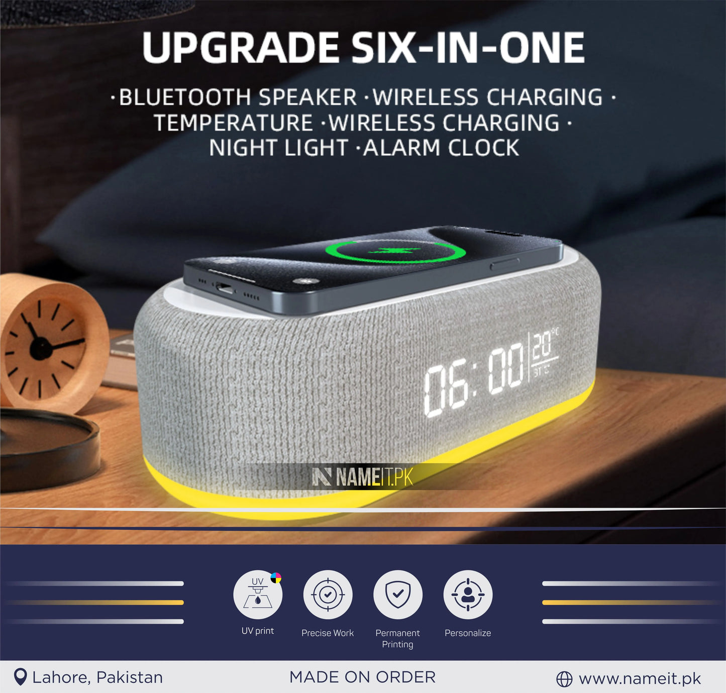 New Alarm Clock Time LED Light Thermometer Bluetooth Speaker 15W Fast Charging Dock Station for IPhone Samsung Wireless Charger