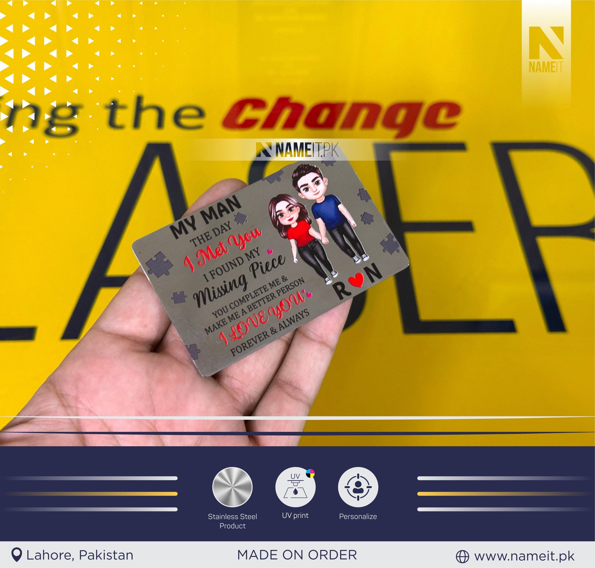 Business Card Stainless Steel -  Metal Wallet Card - Add any text custom card - Keepsake Gift For Him, Husband, Valentines, Anniversary - own text NAMEIT PAKISTAN