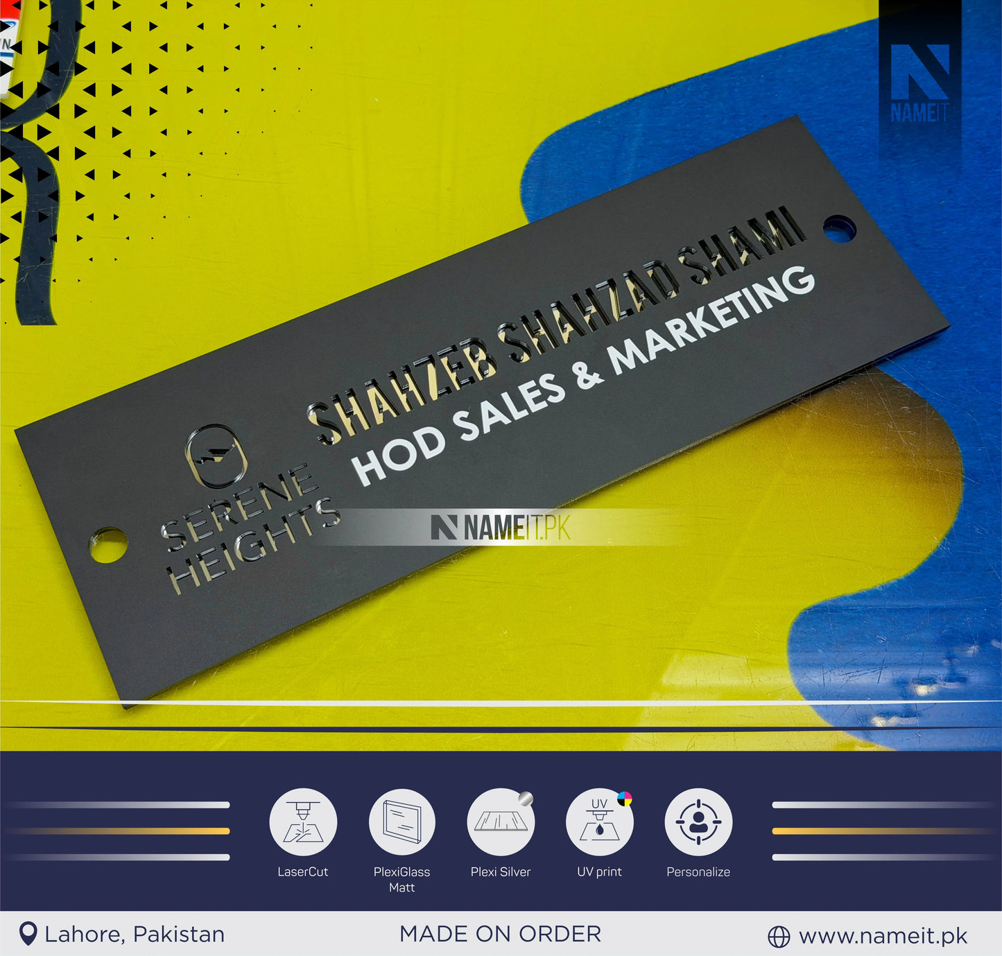 Name Plate For Office/Home | Office Logo Signage | Precision Laser Cut Acrylic House Number Sign | Matt Acrylic & Silver Mirror