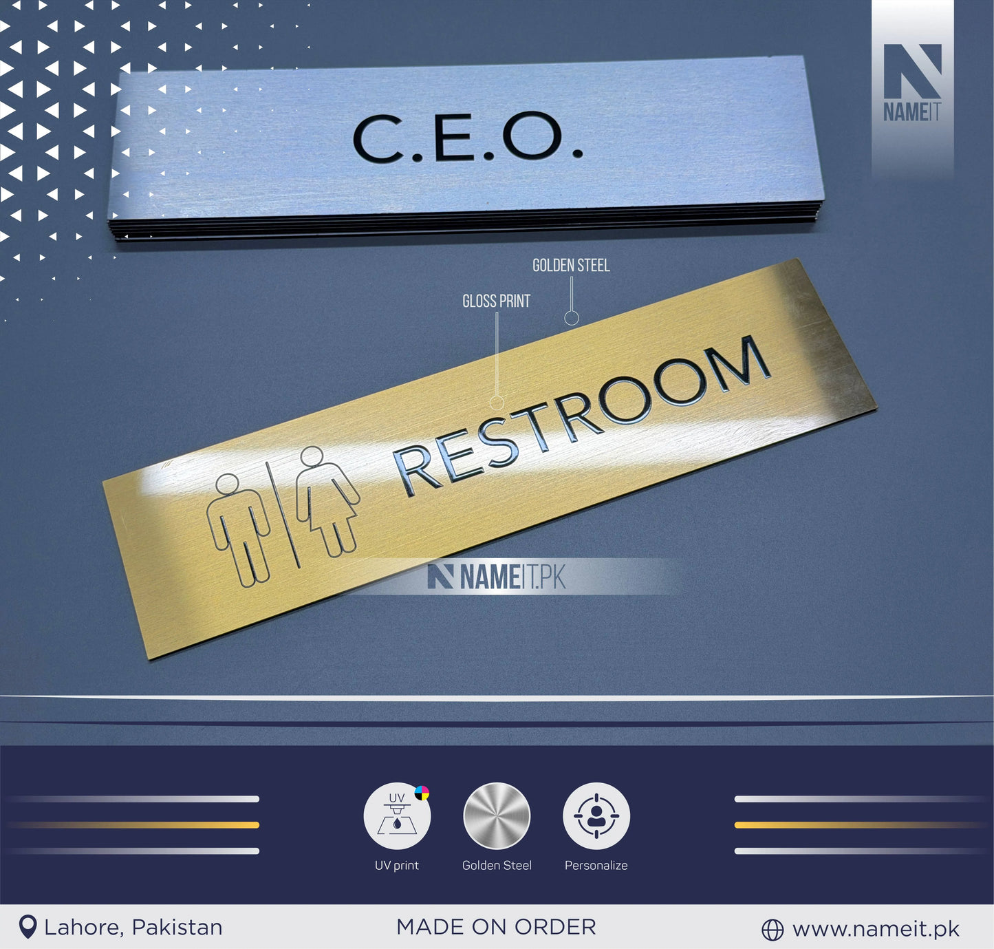 Premium Personalized Golden Steel Name Plate – Custom Office, CEO & Room Signage