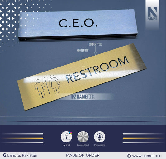 Premium Personalized Golden Steel Name Plate – Custom Office, CEO & Room Signage