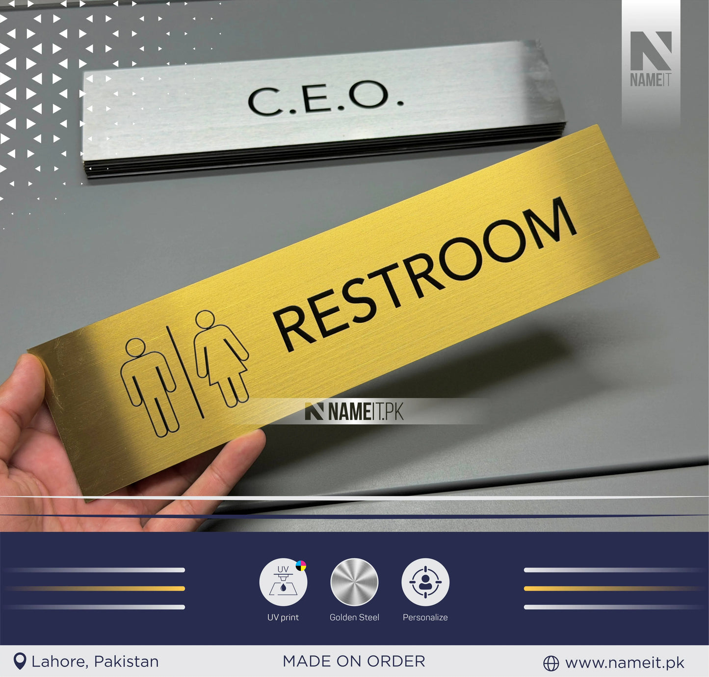 Premium Personalized Golden Steel Name Plate – Custom Office, CEO & Room Signage