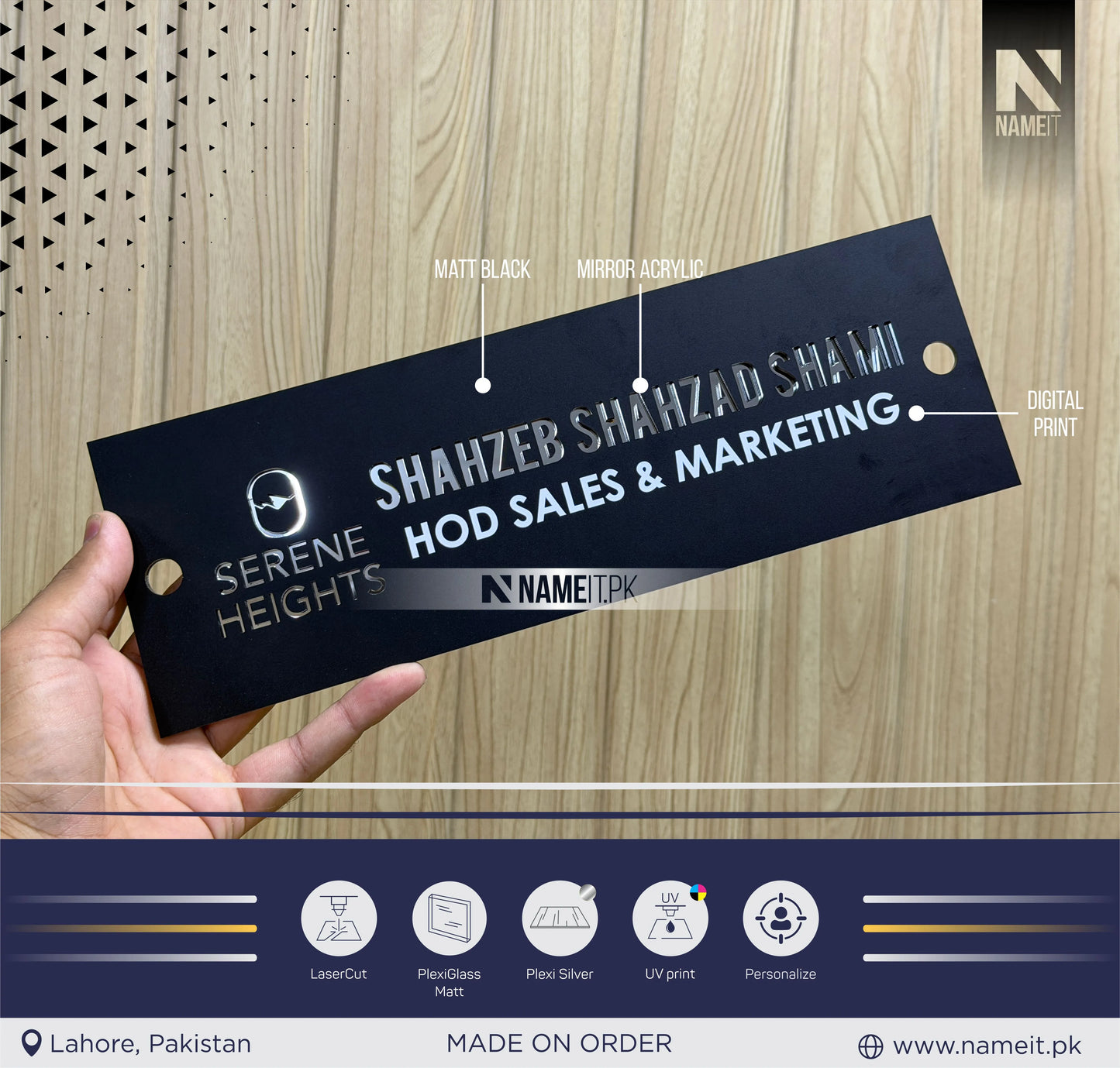 Name Plate For Office/Home | Office Logo Signage | Precision Laser Cut Acrylic House Number Sign | Matt Acrylic & Silver Mirror