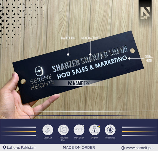 Name Plate For Office/Home | Office Logo Signage | Precision Laser Cut Acrylic House Number Sign | Matt Acrylic & Silver Mirror