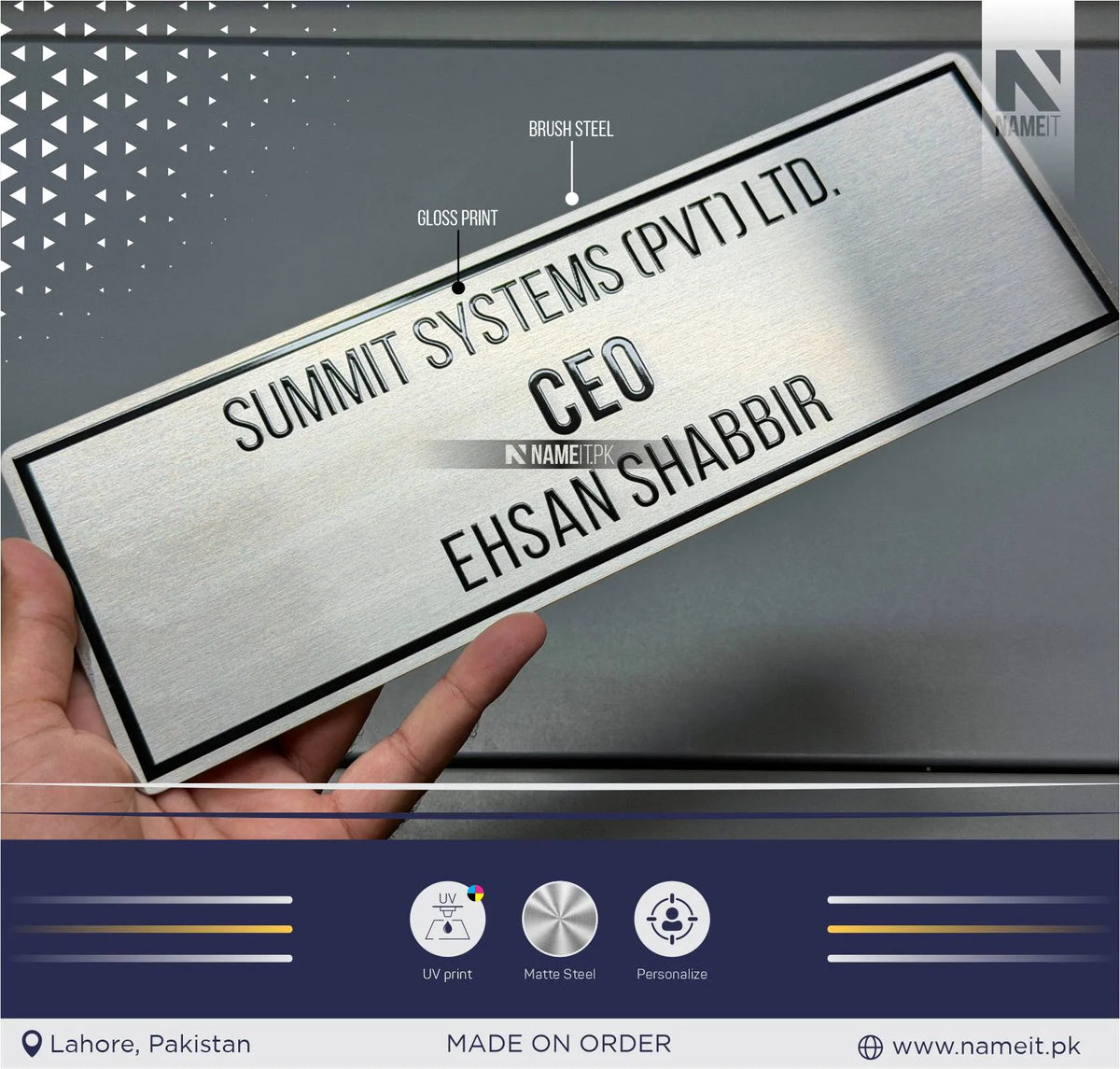 Premium Brushed Steel Office Name Plate with Gloss Print – Customized Executive Desk & Door Sign