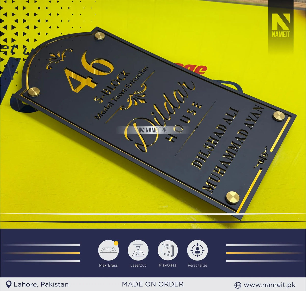 The Signature Series Custom Stencil House Name Plate – Bespoke Matt Black & Liquid Gold Mirror Acrylic Architectural Entrance Plaque