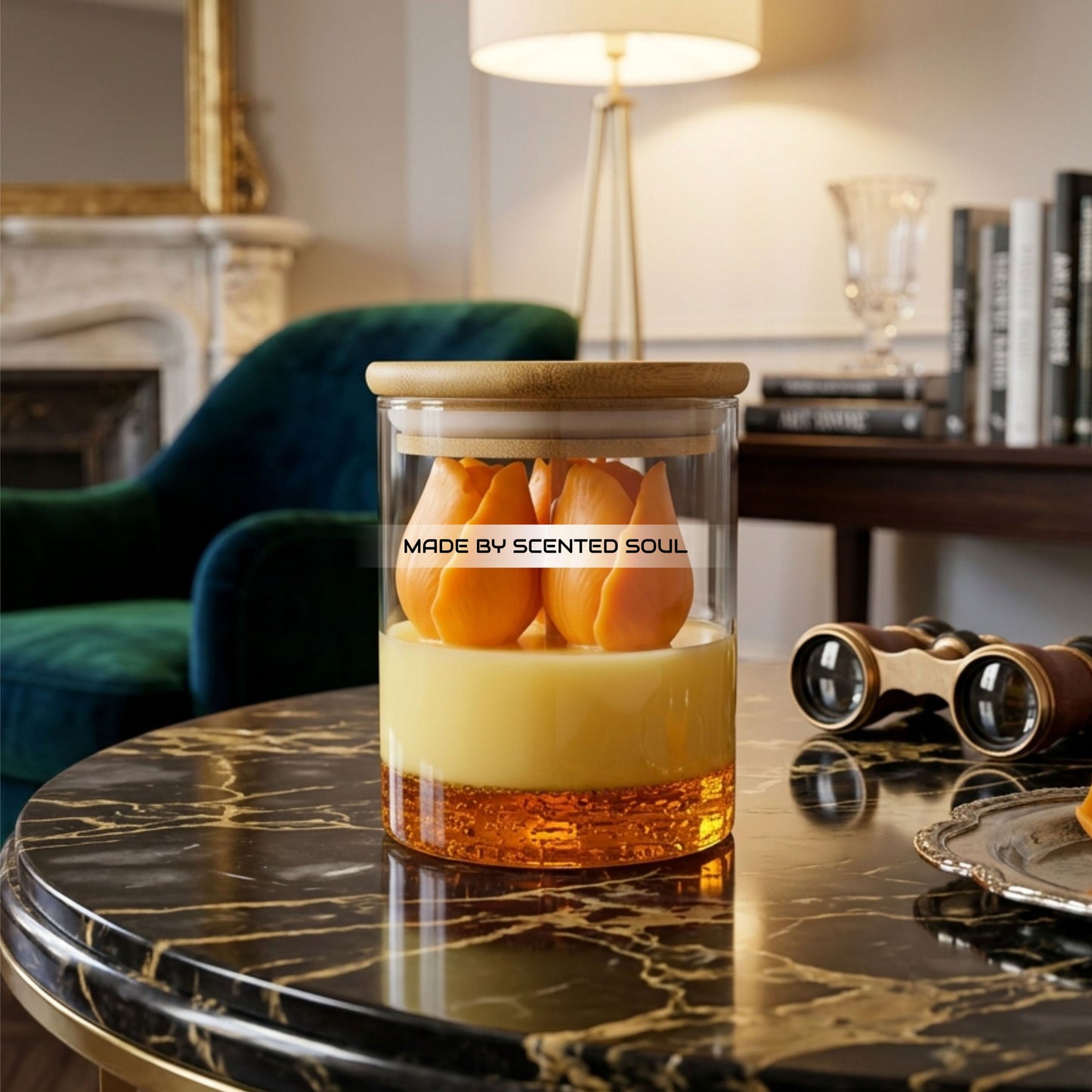 Luxury Tulip Candle in Glass Jar with Wooden Lid – Handmade Aromatherapy Soy Wax Candle – Aesthetic Home Decor Gift – Romantic Floral Scented Candle for Bedroom, Wedding & Spa Decor
