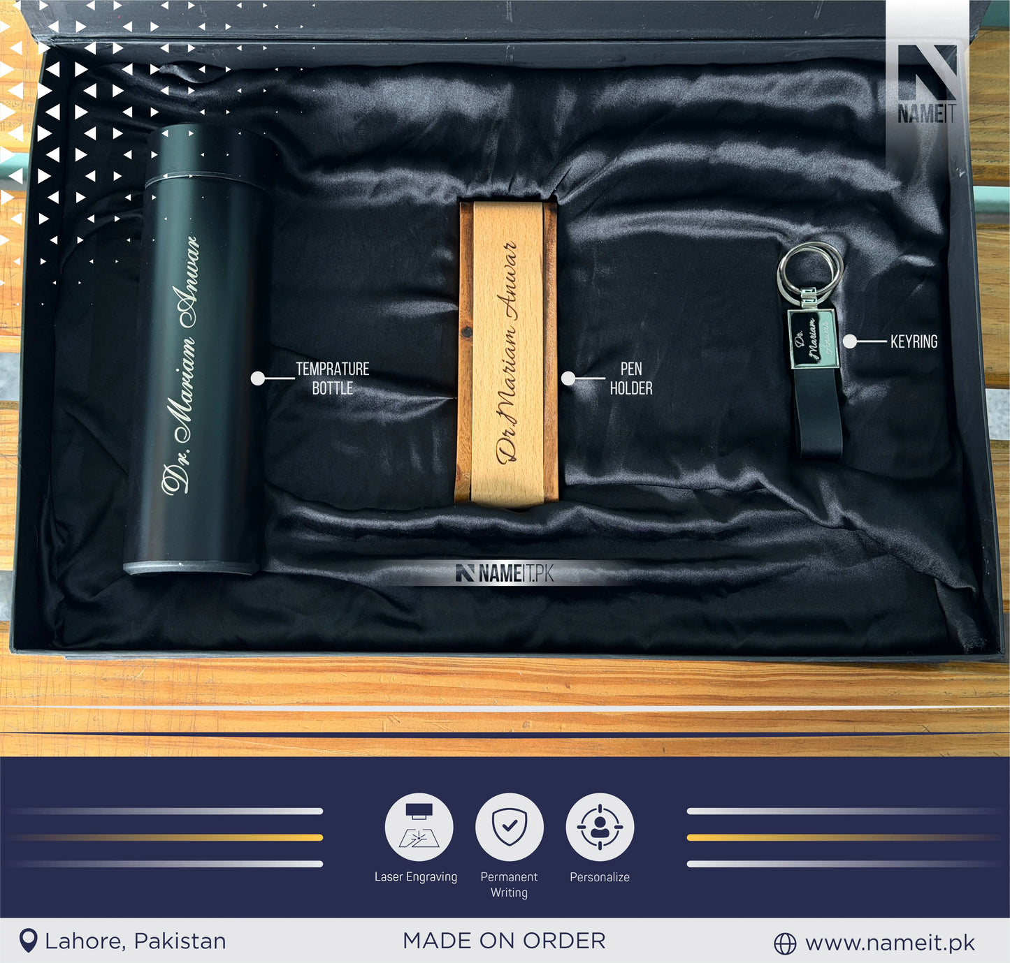 Premium Personalized Corporate Gift Box Set – Custom Engraved Temperature Bottle, Wooden Pen Holder & Leather Keychain | Luxury Executive Gift