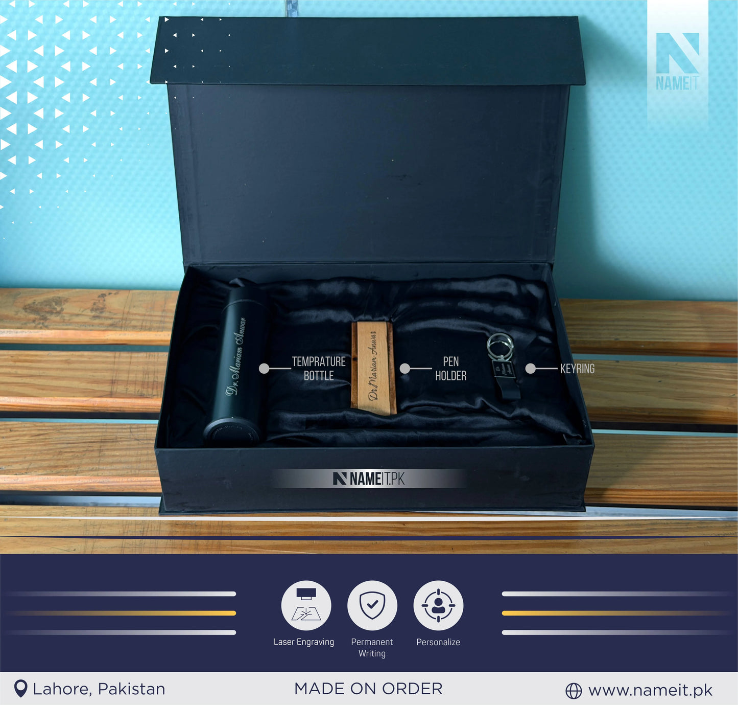 Premium Personalized Corporate Gift Box Set – Custom Engraved Temperature Bottle, Wooden Pen Holder & Leather Keychain | Luxury Executive Gift