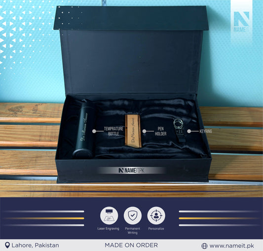Gift Box, Premium Personalized Corporate Gift Box Set – Custom Engraved Temperature Bottle, Wooden Pen Holder & Leather Keychain | Luxury Executive Gift