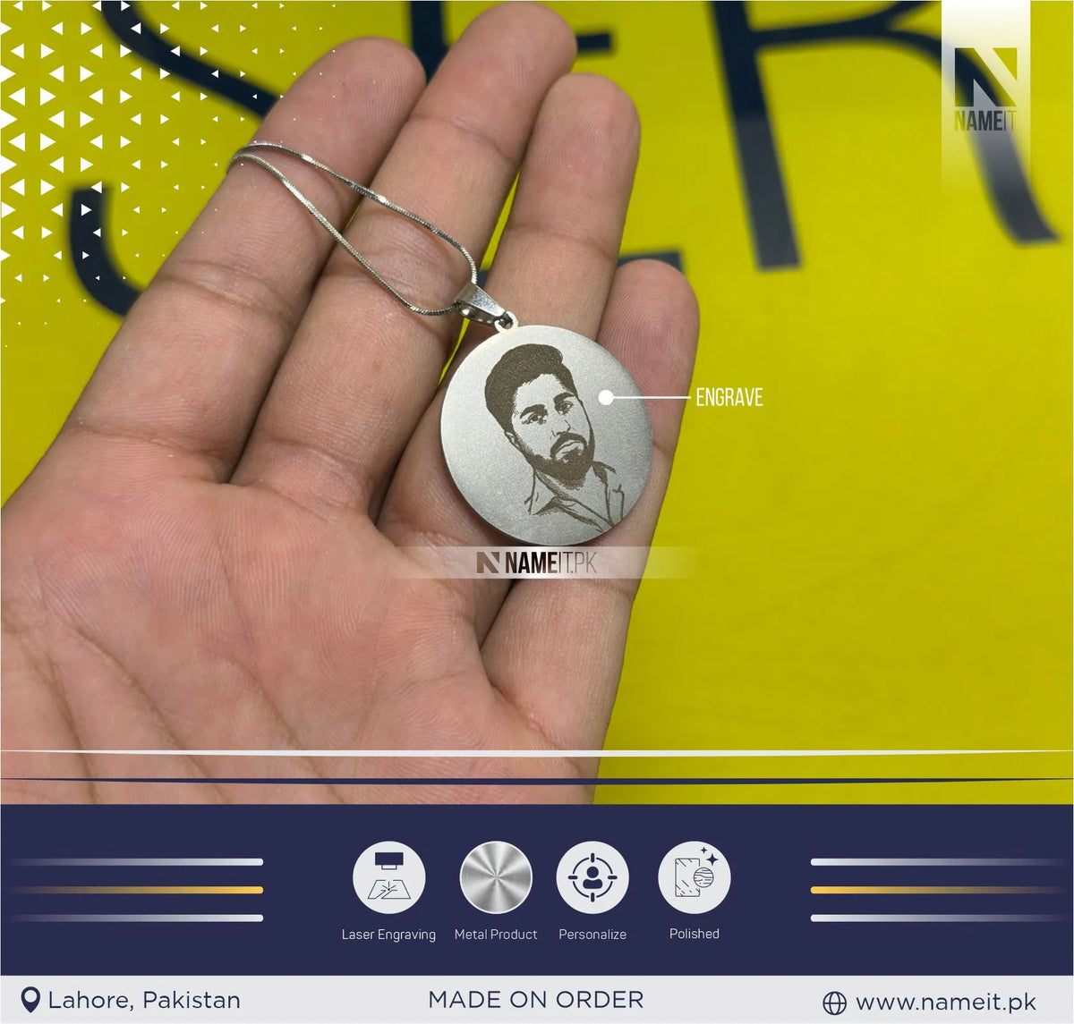 Personalized Metal Pendant Necklace | Custom Photo Engraved Pendant | Laser Engraved Portrait Necklace with Silver Chain | Unique Personalized Gift