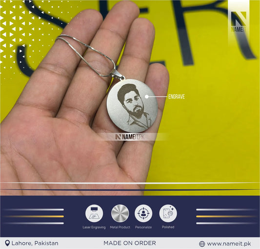 Personalized Metal Pendant Necklace | Custom Photo Engraved Pendant | Laser Engraved Portrait Necklace with Silver Chain | Unique Personalized Gift