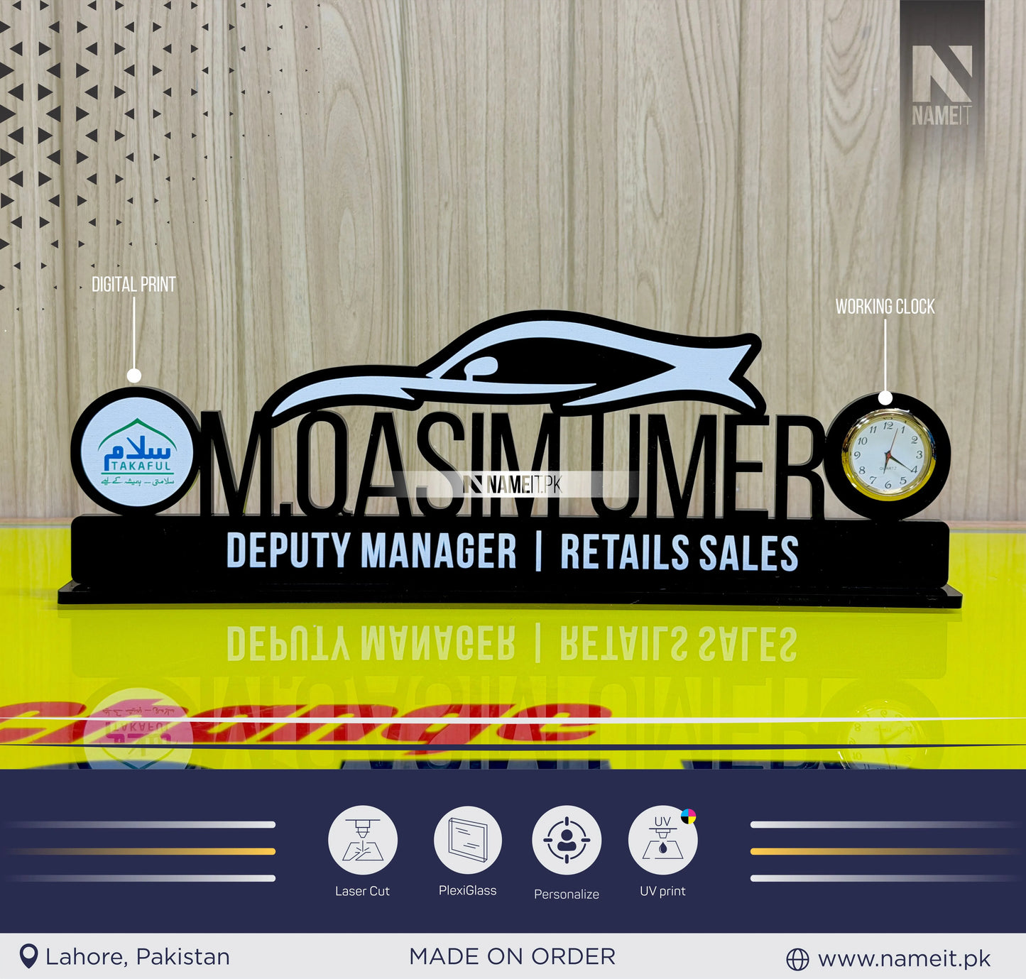 Table Name Plate, Custom Car Name Sign with Clock – Office Desk Name Plate, Office Decor Gift, Custom Black Acrylic Sign with Company Logo & Car Sign