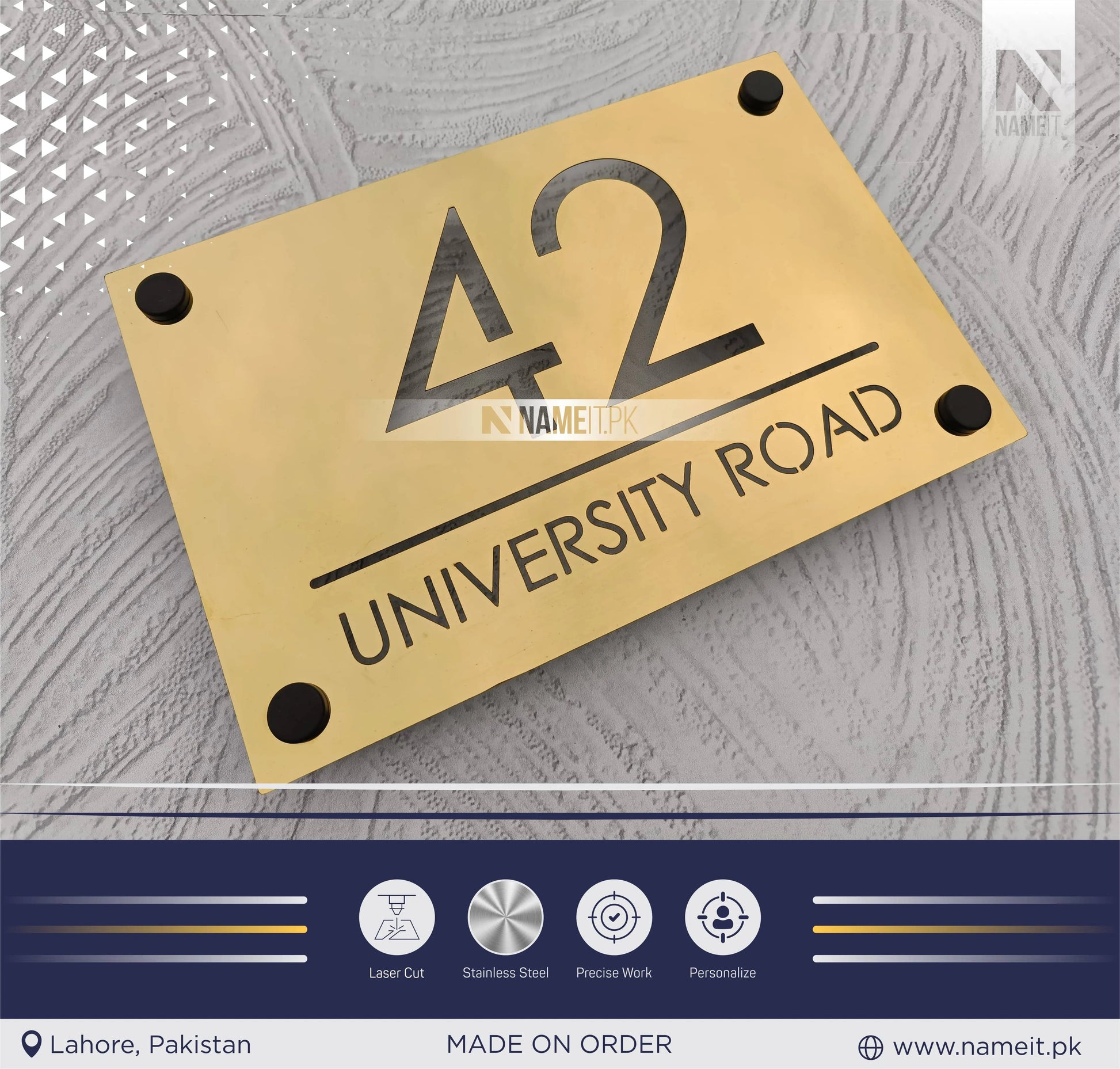 Personalized Laser Cut Name Plate Stainless Steel, indoor & outdoor, Office name Plate, House Name Plate NAMEIT PAKISTAN