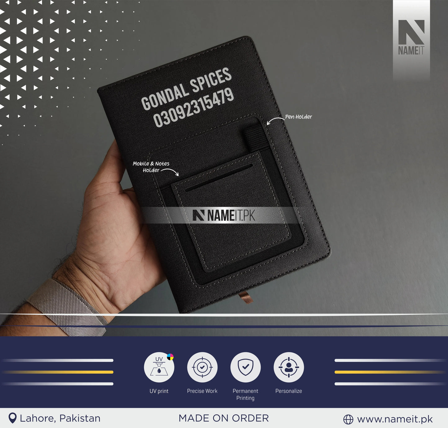 Diary, Engraved A5 Hardcover Line Notebook With Cellphone Pocket Custom Logo PU Leather Diary NAMEIT PAKISTAN