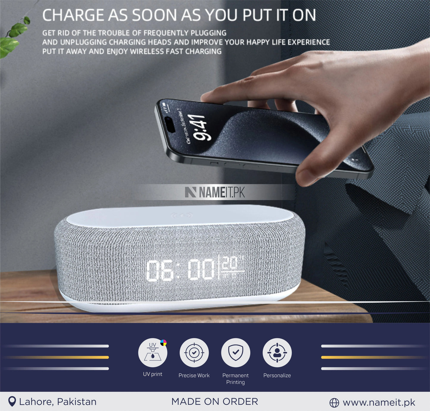 New Alarm Clock Time LED Light Thermometer Bluetooth Speaker 15W Fast Charging Dock Station for IPhone Samsung Wireless Charger