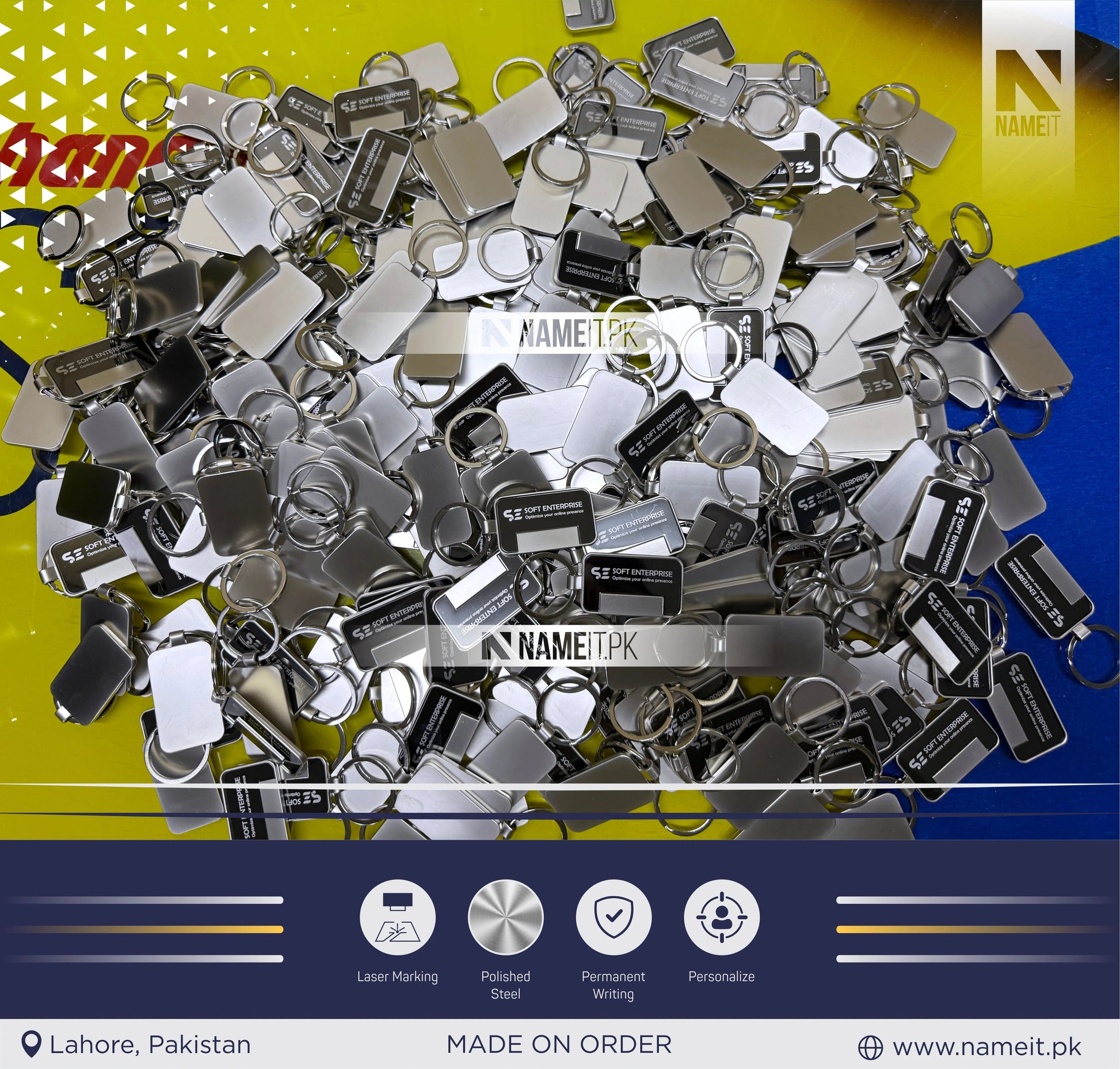 Custom Logo Keychains Engrave Metal Keyring Company Brand Merch Customer Giveaways Promotional Advertising Trade Show Business Conference NAMEIT PAKISTAN