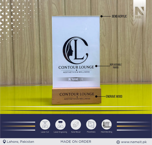 Custom Acrylic Sign with Engraved Wooden Base | Replaceable Paper Display Stand