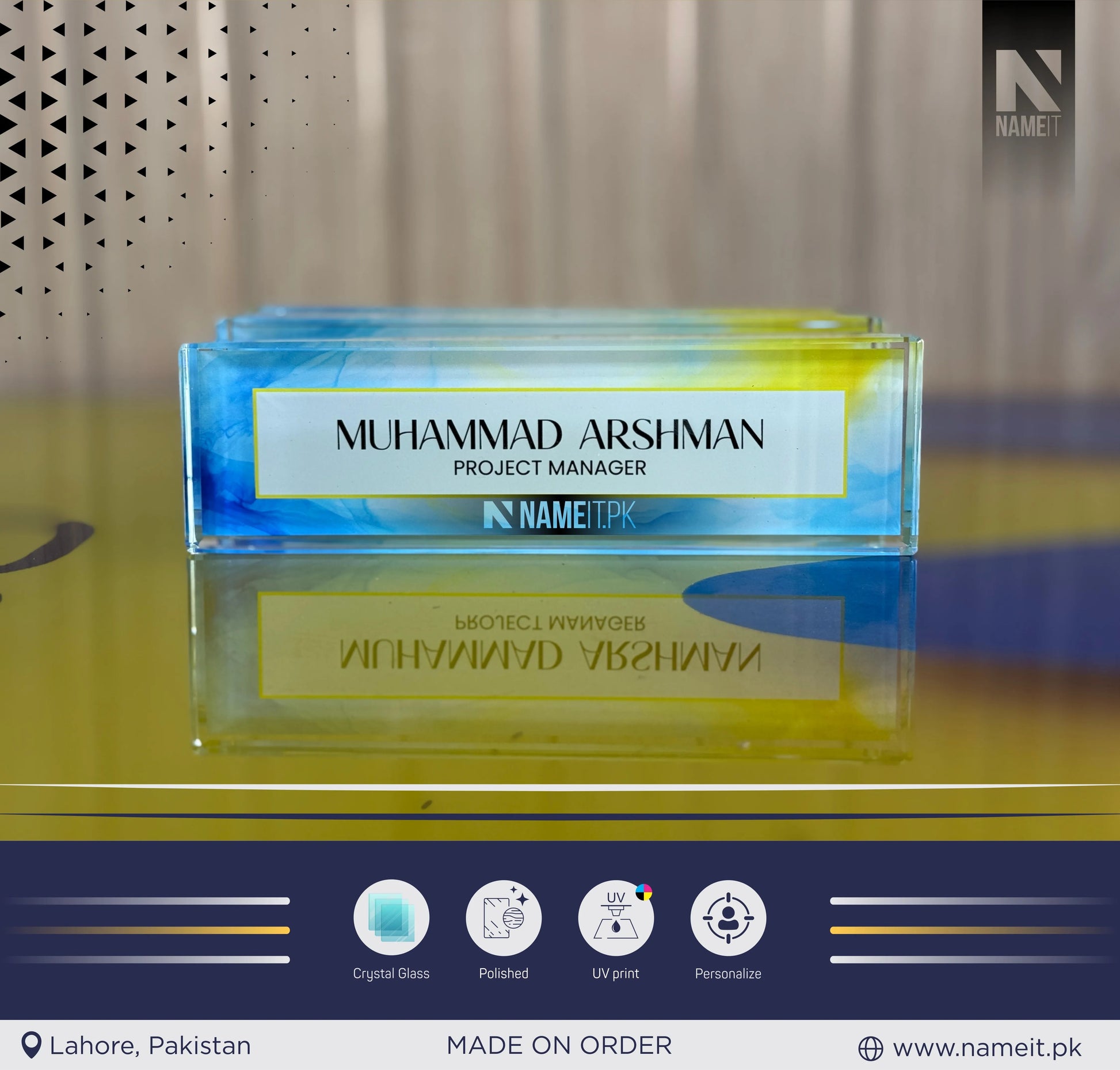 Custom Office Table Name Sign Crystal Glass, Unique Office Decor Custom Logo, Office Nameplate, Gift for Boss, Boss Lady Gift, Desk Plaque, Personalized Company Logo NAMEIT PAKISTAN