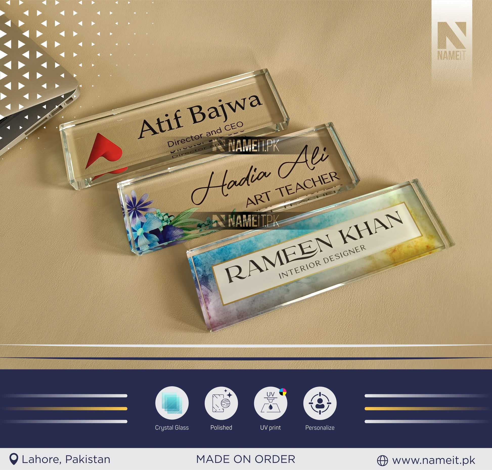 Custom Office Table Name Sign Crystal Glass, Unique Office Decor Custom Logo, Office Nameplate, Gift for Boss, Boss Lady Gift, Desk Plaque, Personalized Company Logo NAMEIT PAKISTAN