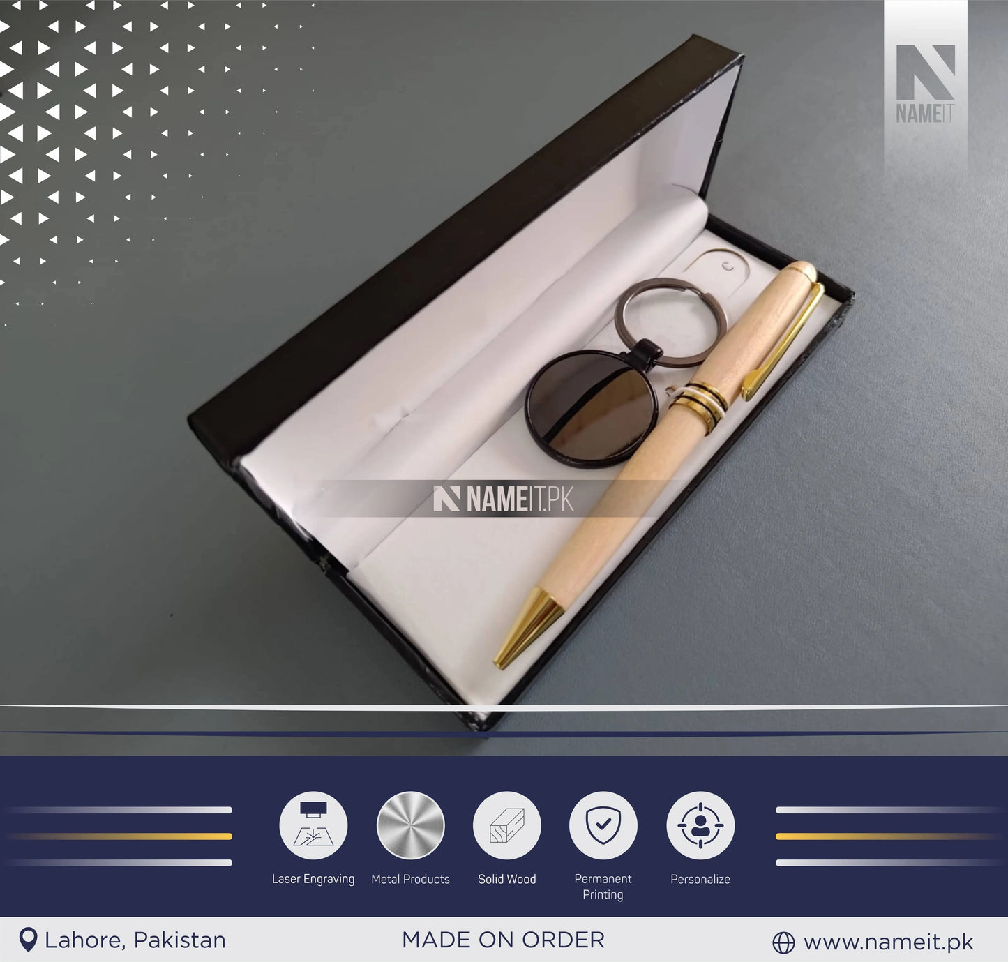 Gift Set 2 in 1, Customized Premium Wooden Pen & Metal Keyring NAMEIT PAKISTAN