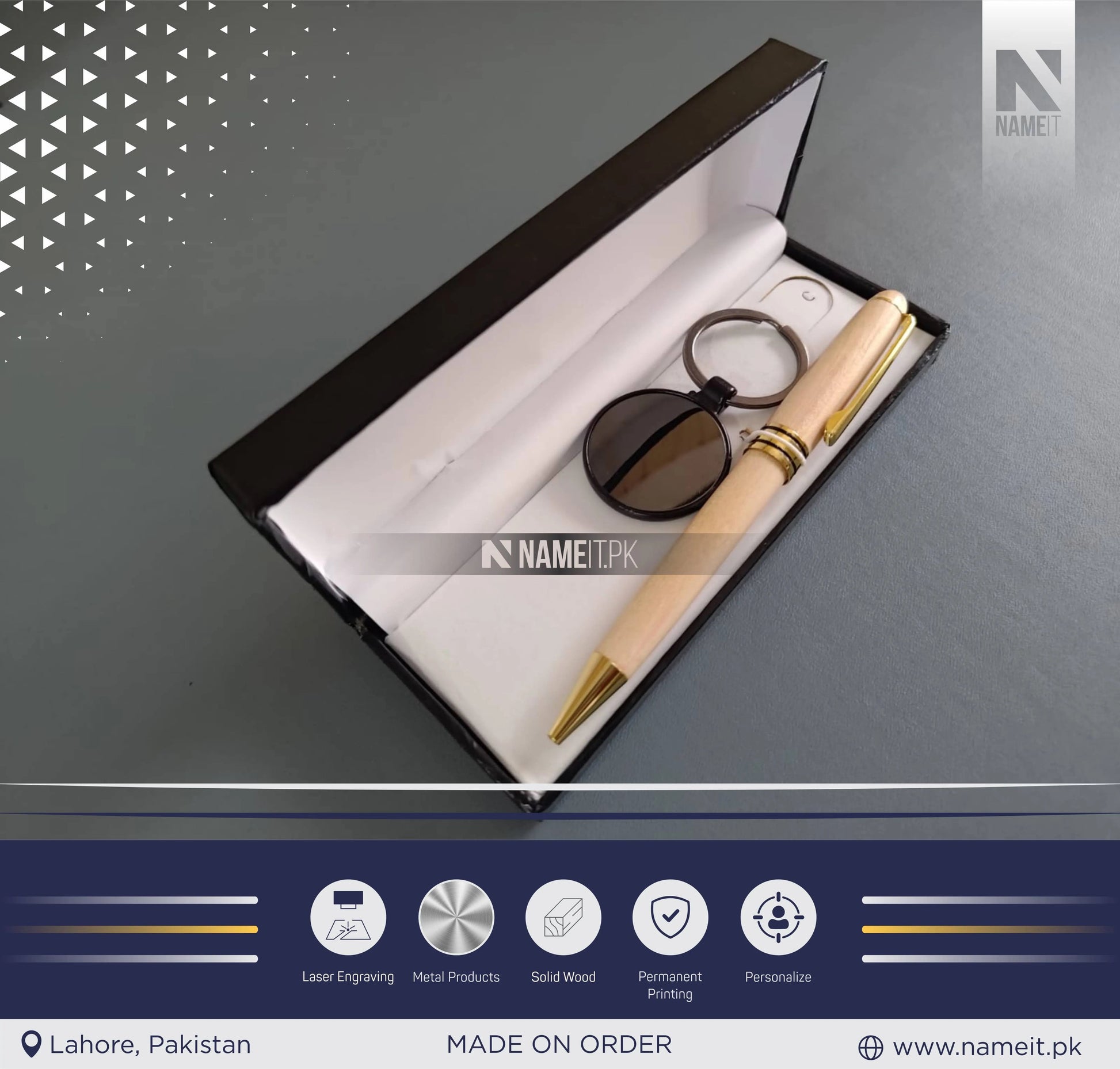 Gift Set 2 in 1, Customized Premium Wooden Pen & Metal Keyring NAMEIT PAKISTAN