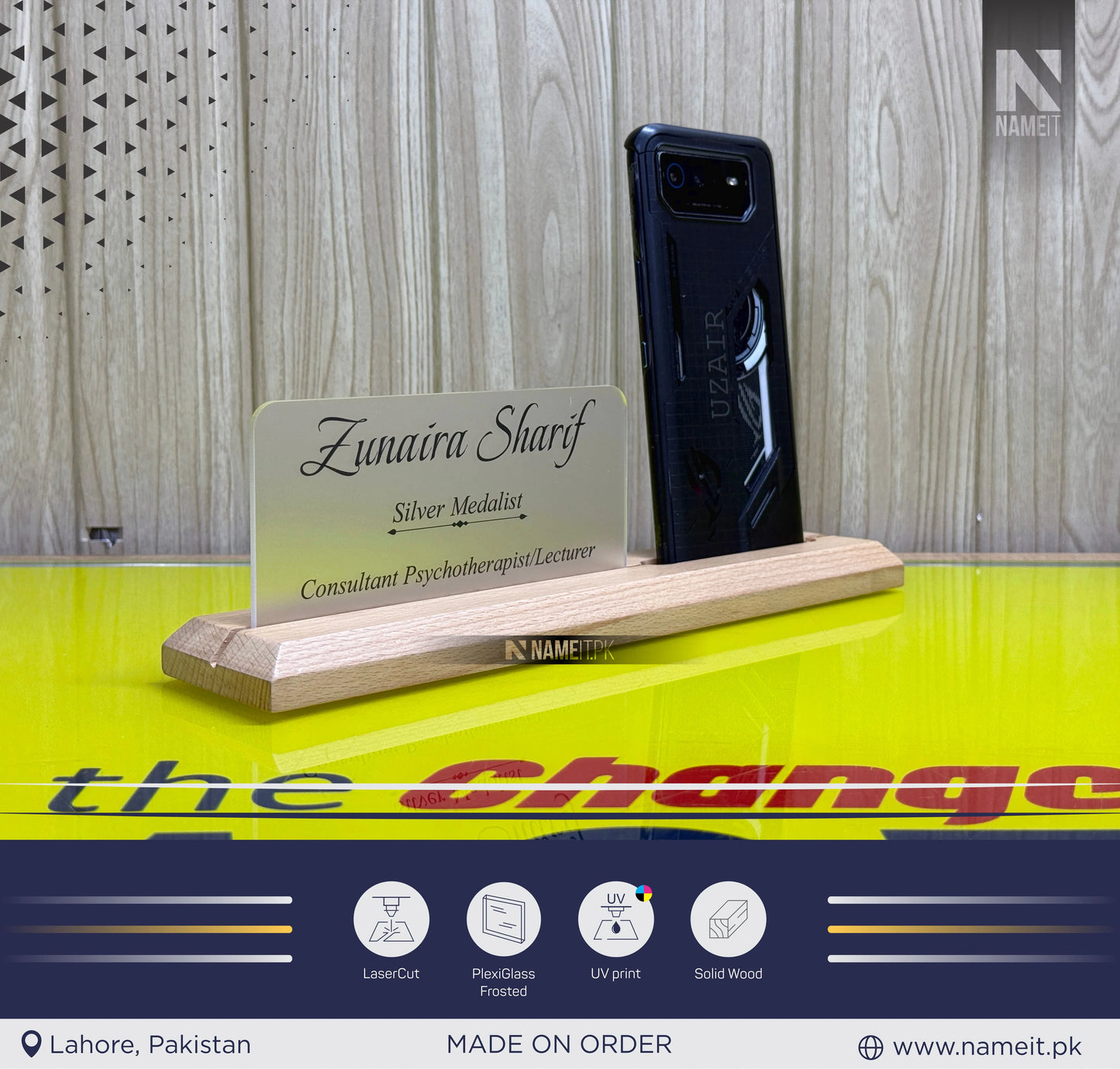 Table Name Plate with Card Display & Mobile Holder – Personalized Business Card Nameplate, "Multi-Functional Desk Name Plate