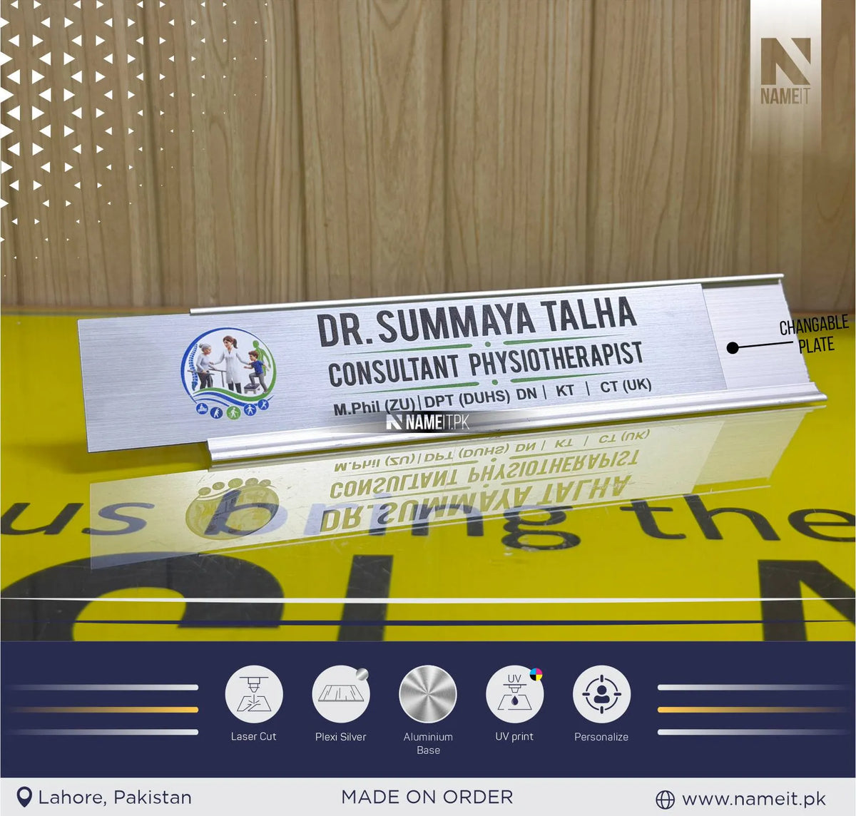 Table Name Plate, Changeable Text Plate, Desk Plaque with Uv Printed Name and Job Title, Silver Stand Modern Stylish Desk Accessories