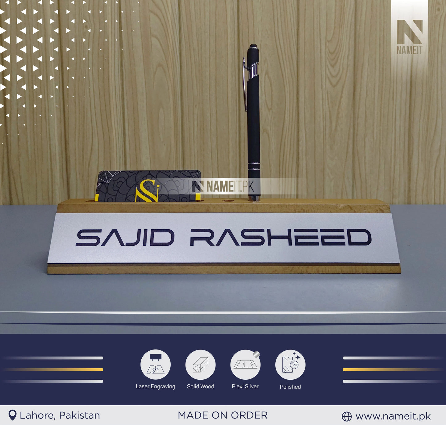 Personalized Office Desk Name Sign, Wooden Desk Name Plate, Anniversary Gift Desk Plaque, Laser Engraved Office Name Wedge, Desk Decorations, With Card,Pen Holder