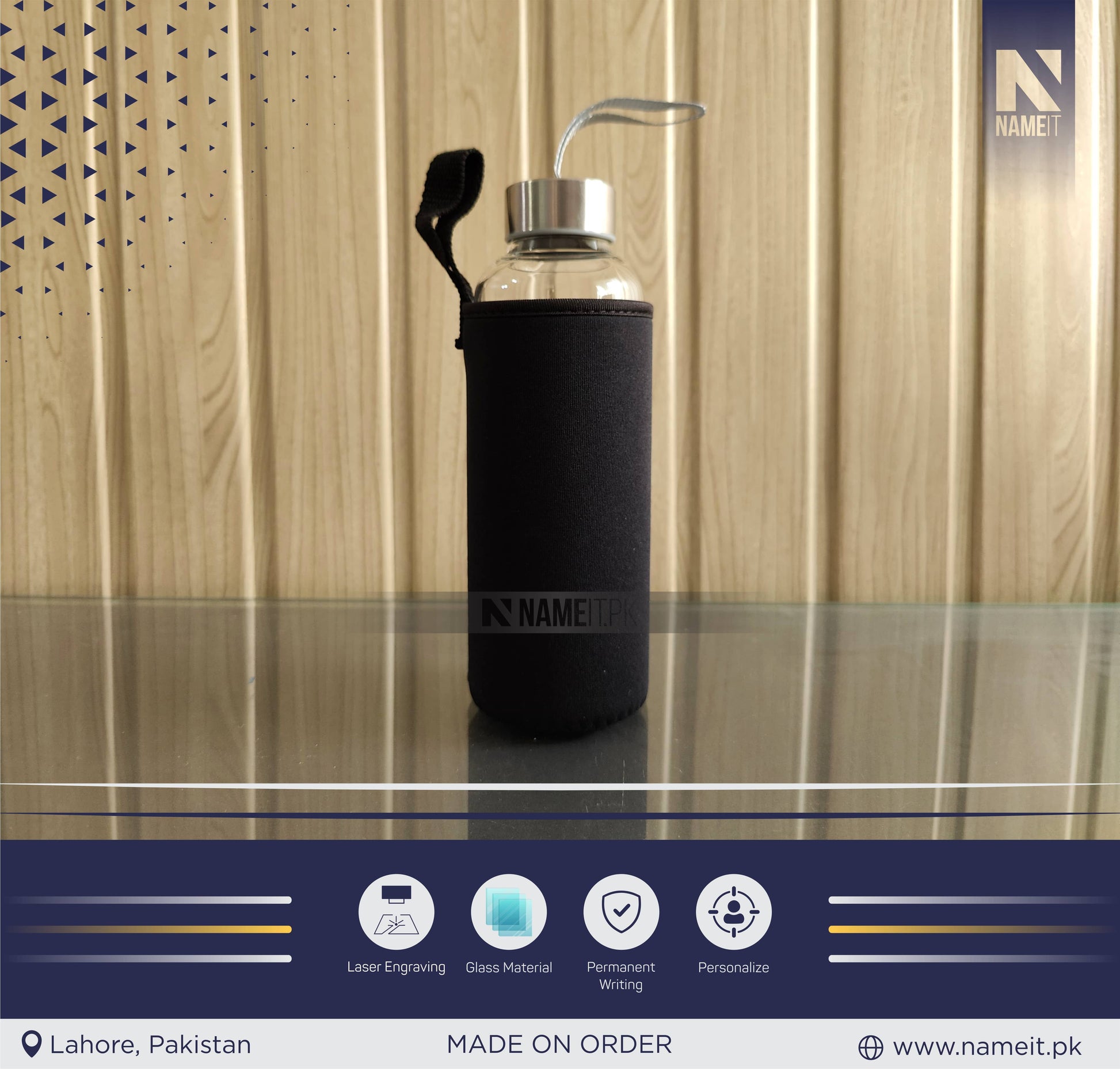 Personalized Crystal Glass Water Bottle with Sleeve Available | Custom Glass Water Bottle | Customizable to Any Design Available NAMEIT PAKISTAN