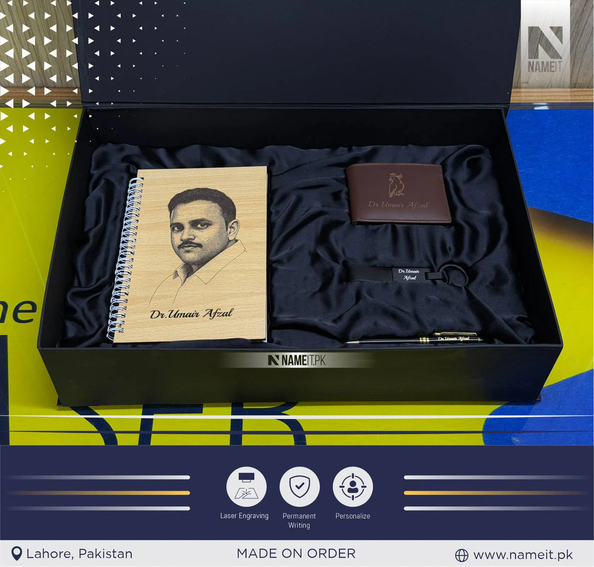 Gift Box, Premium Personalized Corporate Gift Box Set – Custom Engraved Wooden Diary, Metal Keyring, Metal Pen &amp; Leather Wallet | Luxury Executive Gift