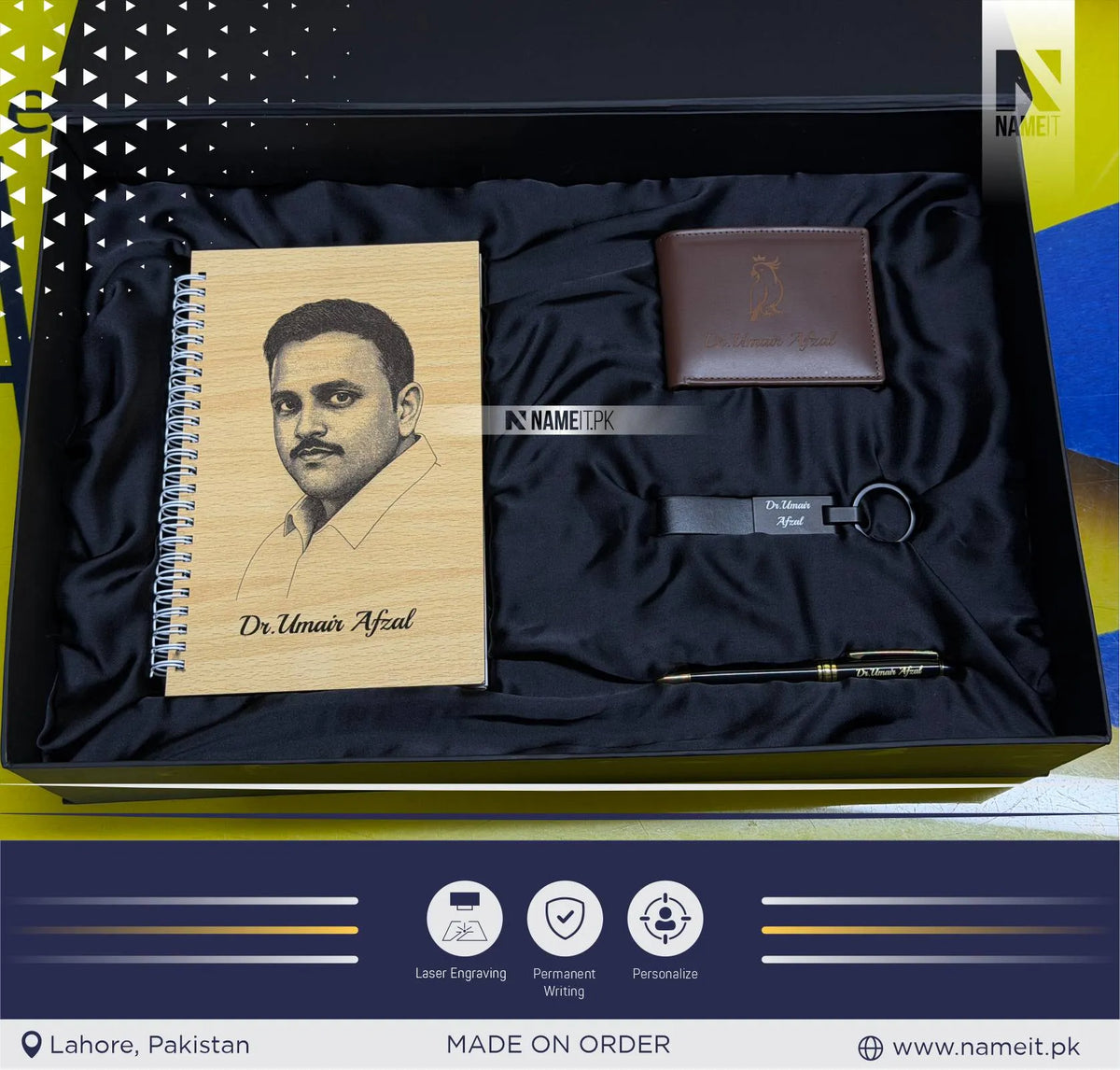 Gift Box, Premium Personalized Corporate Gift Box Set – Custom Engraved Wooden Diary, Metal Keyring, Metal Pen &amp; Leather Wallet | Luxury Executive Gift