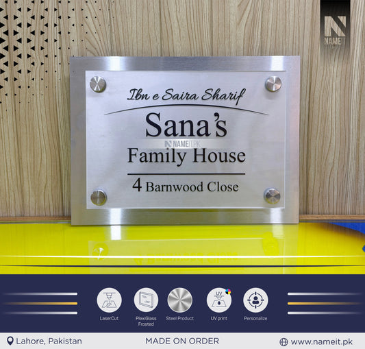 Name Plate Acrylic & Stainless Steel, indoor & outdoor, Office name Plate, House Name Plate