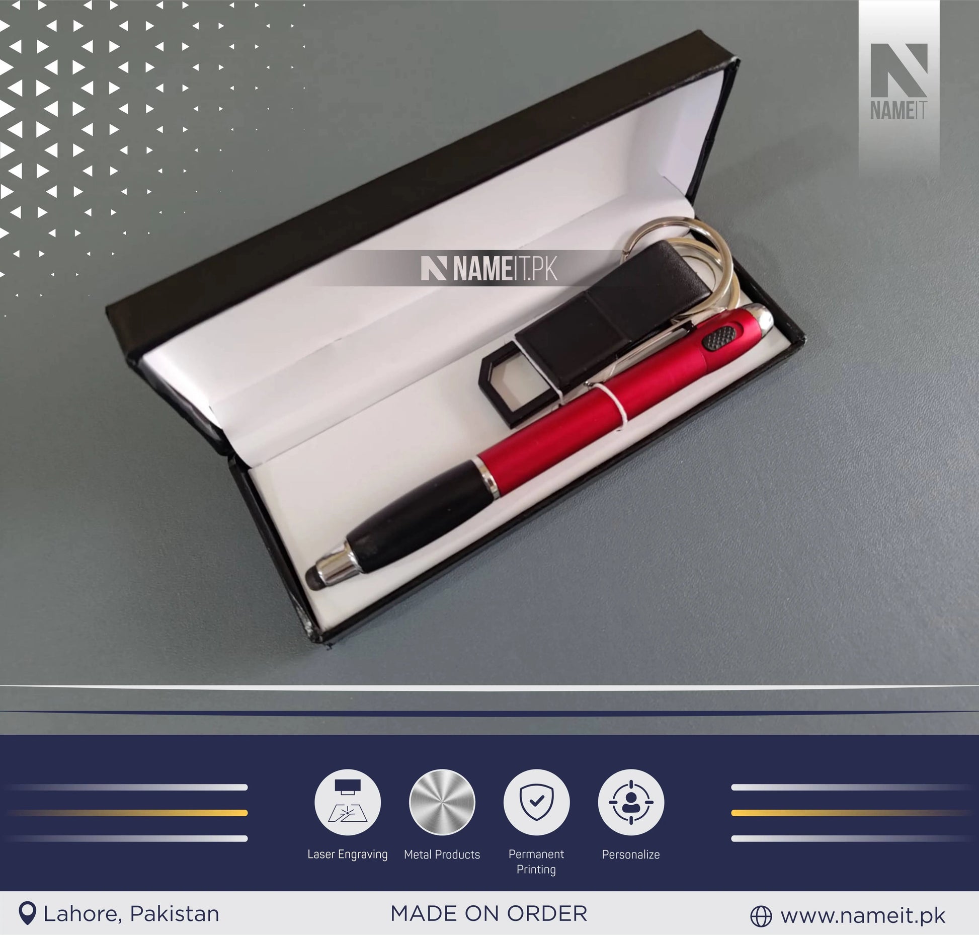 Gift Set 2 in 1, Customized Led Light Pen & Customized Metal Keyring NAMEIT PAKISTAN