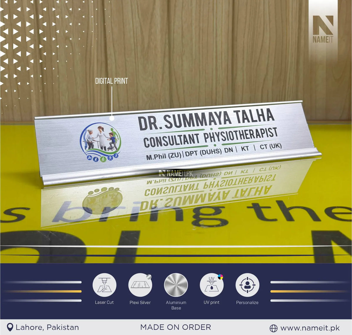 Table Name Plate, Changeable Text Plate, Desk Plaque with Uv Printed Name and Job Title, Silver Stand Modern Stylish Desk Accessories