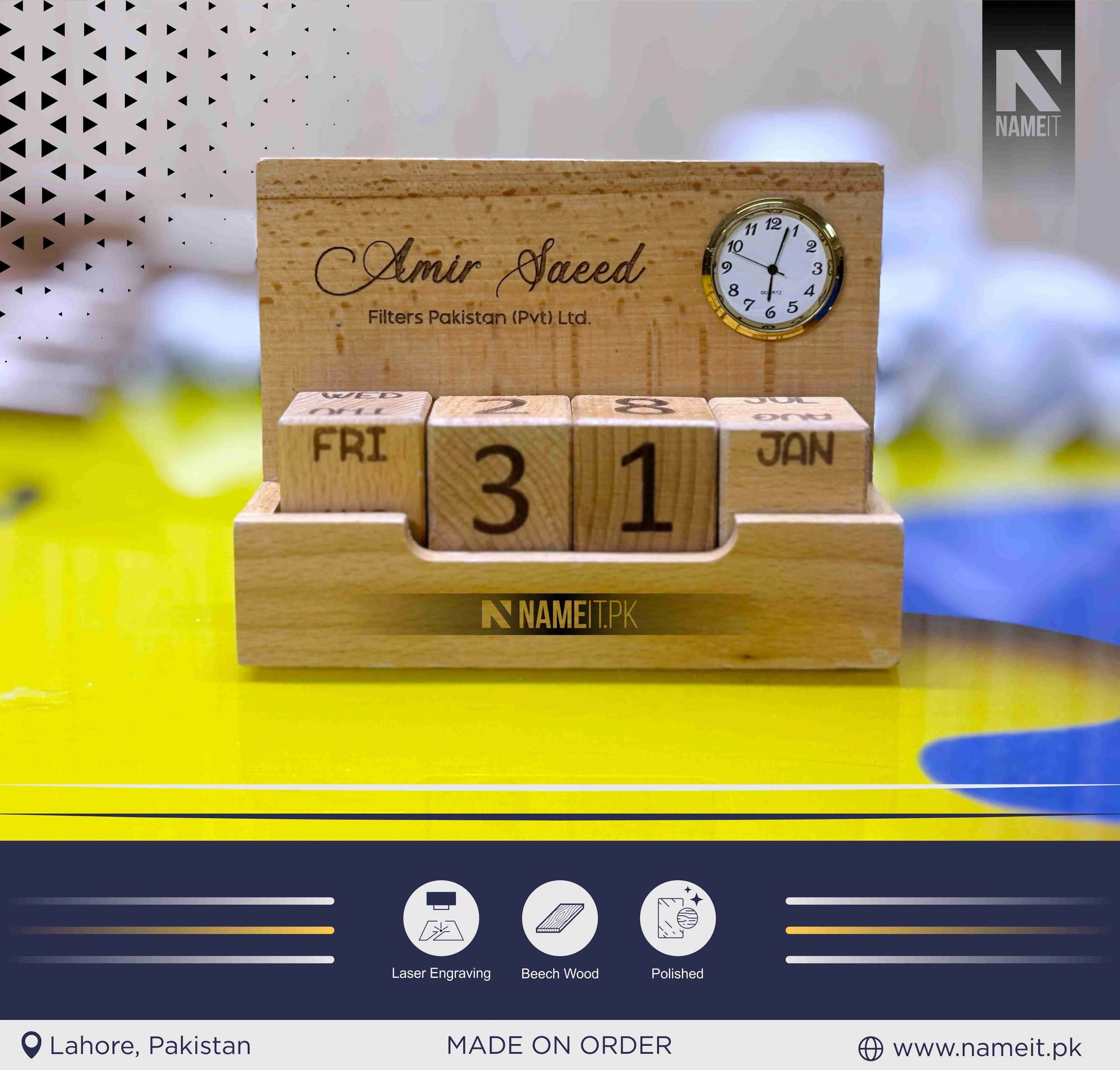 Wooden Pen stand with clock & Calendar | Desk organizer with Month, Date Calendar | Pen stand with clock for office, work, Home Decor, 2 compartment wooden pen stand NAMEIT PAKISTAN