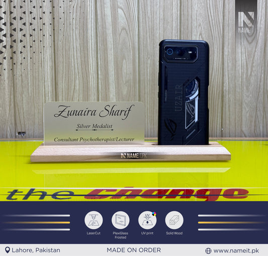 Table Name Plate with Card Display & Mobile Holder – Personalized Business Card Nameplate, "Multi-Functional Desk Name Plate